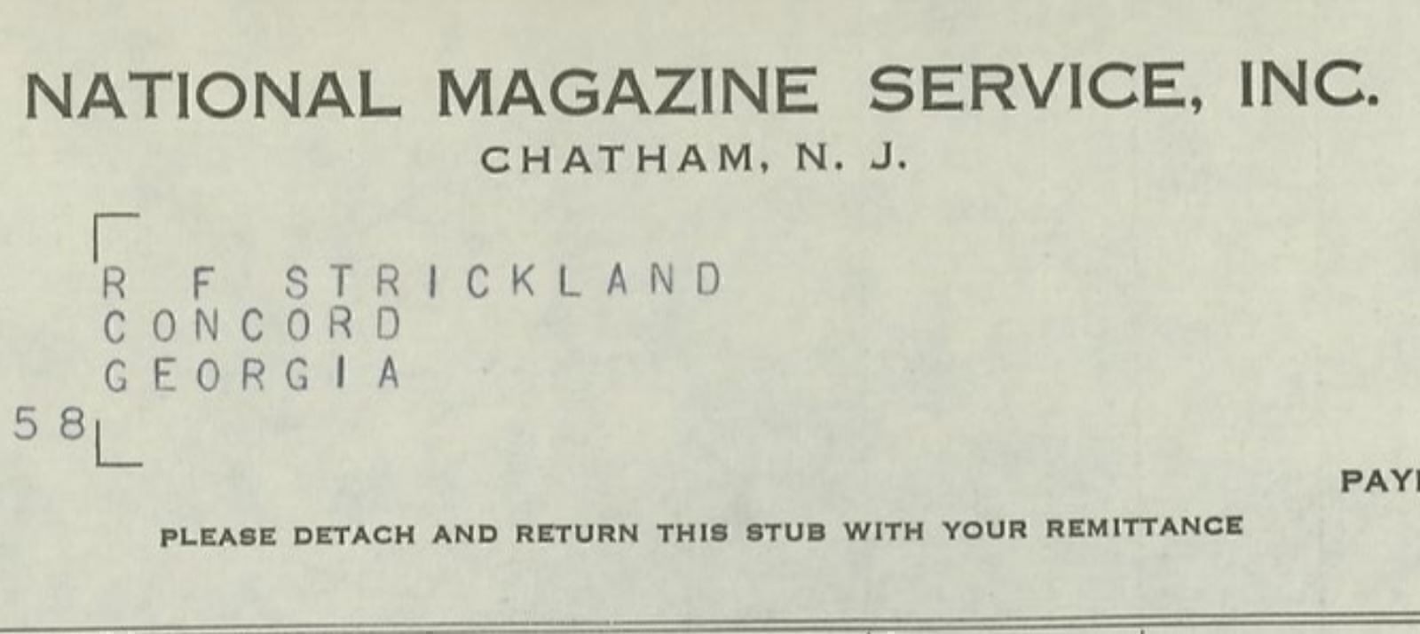 1958 National Magazine Service Inc. Chatham N.J.  Invoice 368