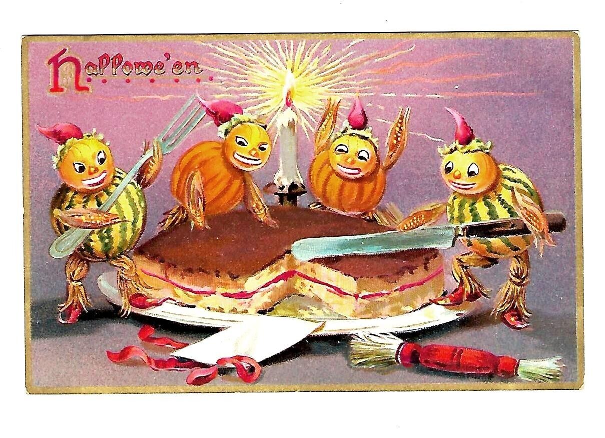 c1908 Tucks #150 Fantacy Halloween Postcard Pumkins Eating Cake Party