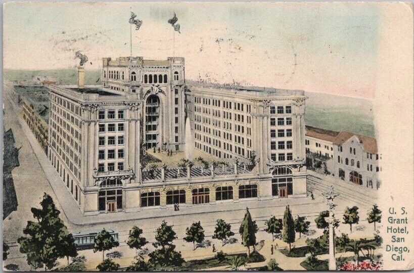 1908 SAN DIEGO California Hand-Colored Postcard U.S. GRANT HOTEL Bird's-Eye View