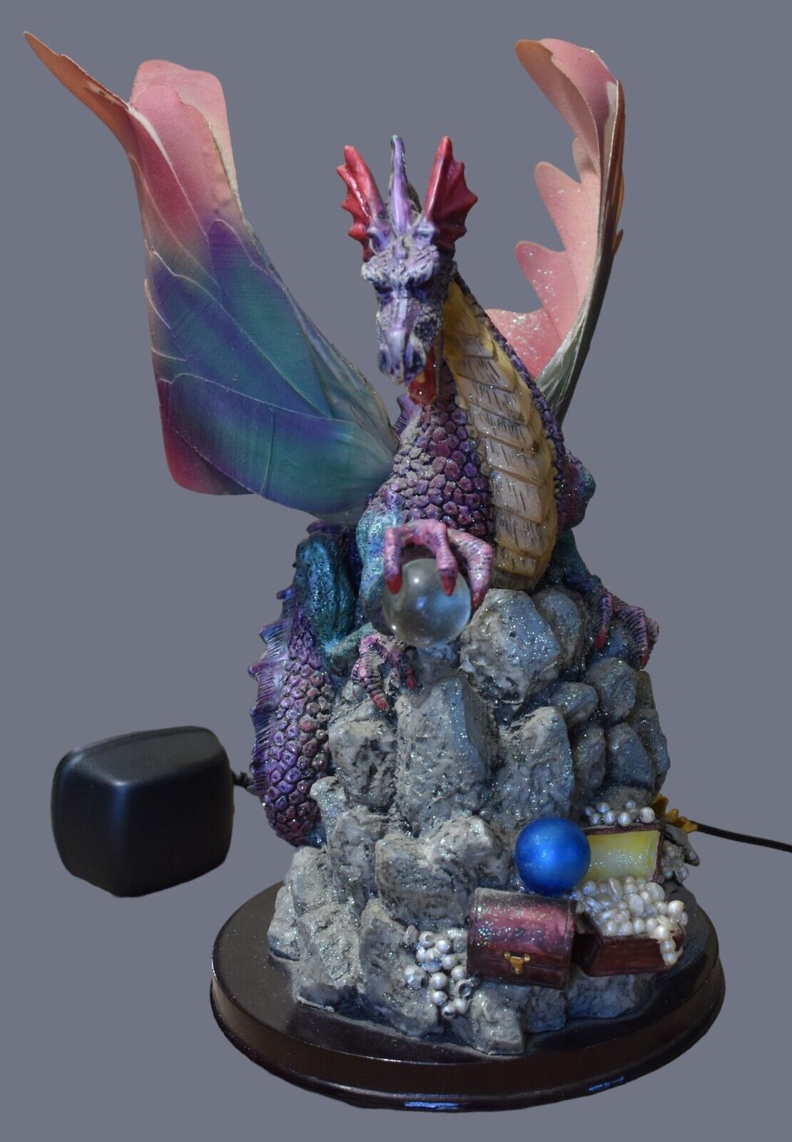 Vtg Dragon Rocks Treasure Chest Fiber Optic Light Statue Dragon Heavy Paper Wing