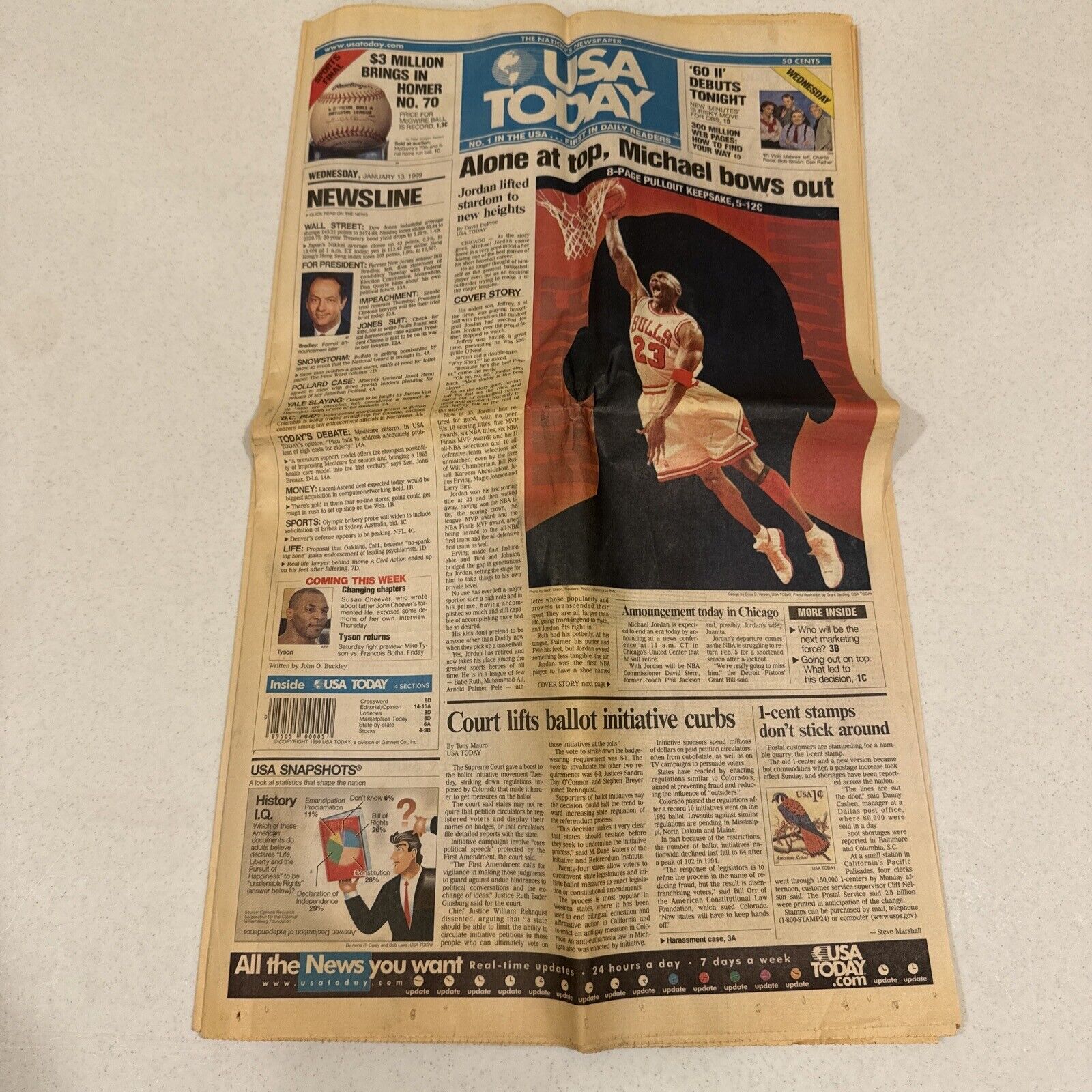 USA Today Newspaper Michael Jordan Retires January 13, 1999, COMPLETE PAPER