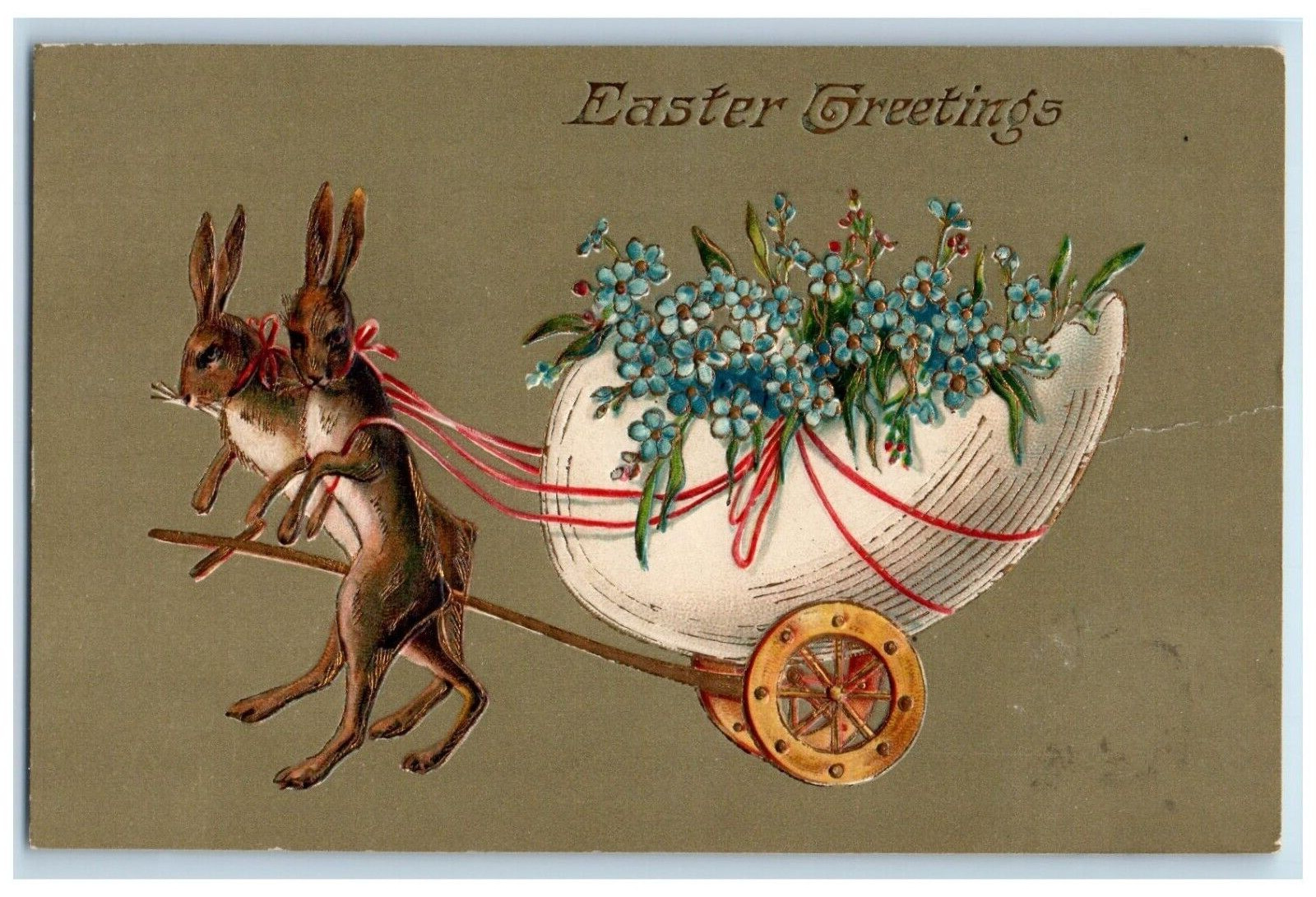 Easter Greetings Anthropomorphic Rabbit Pulling Hatched Egg Pansies Postcard