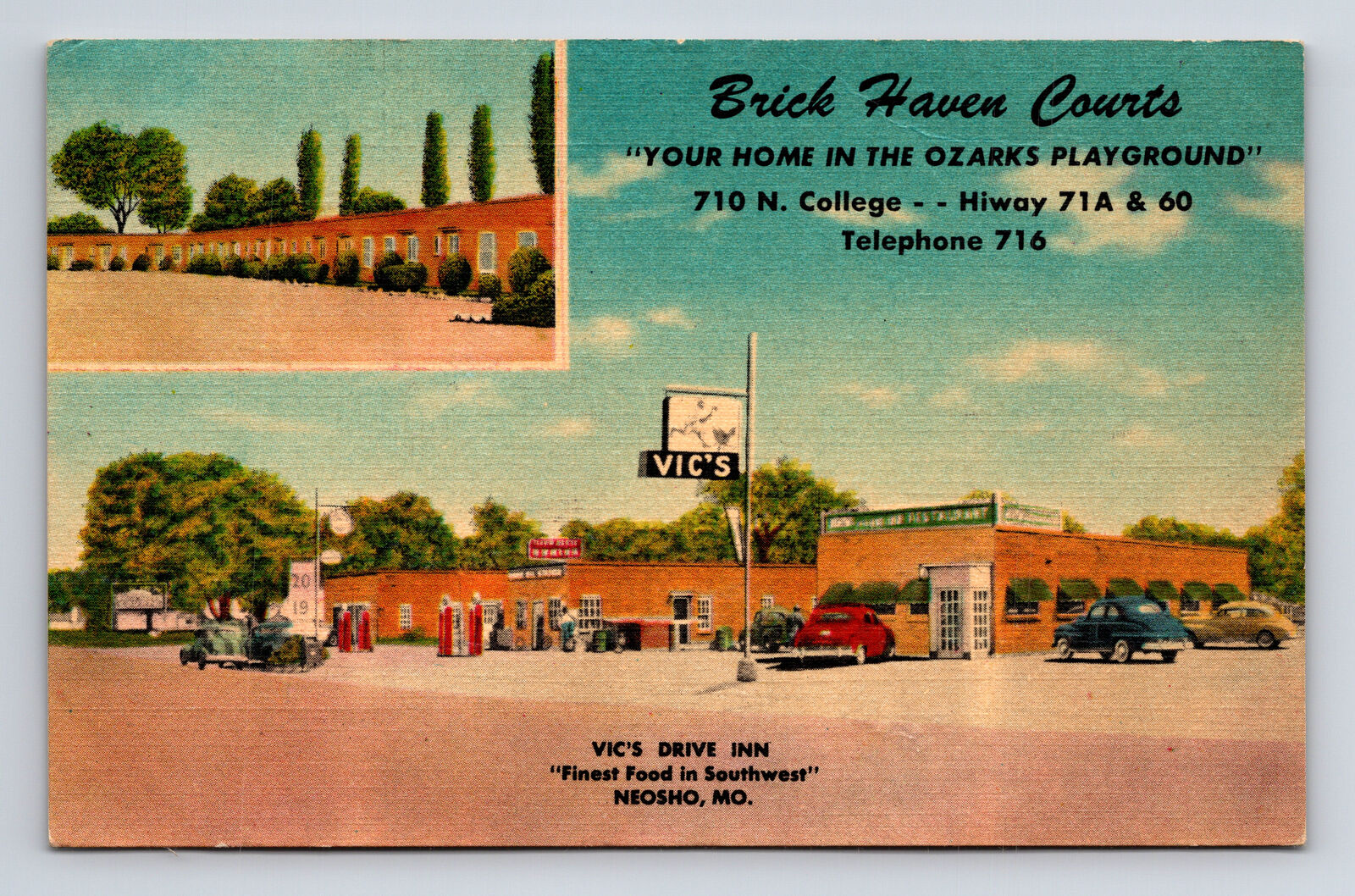 Vic\'s Drive Inn Restaurant Brick Haven Courts Motel Neosho Missouri MO Postcard