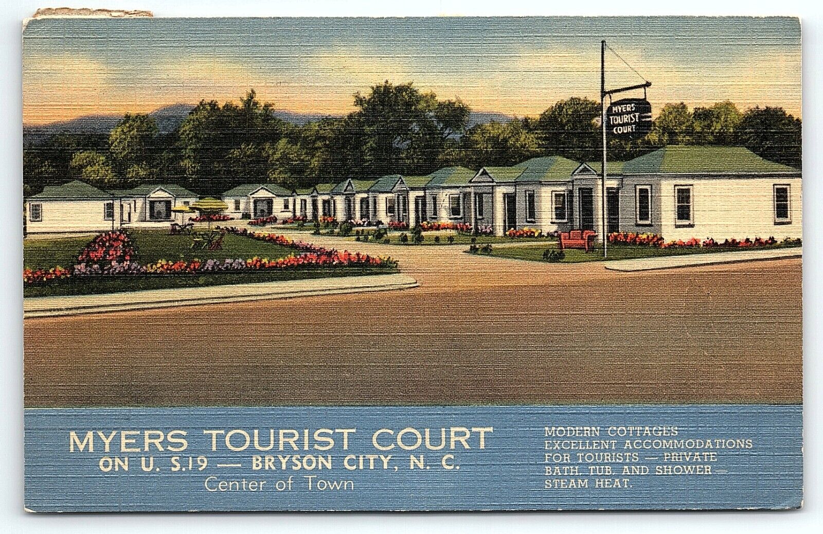 1946 BRYSON CITY NC MYERS TOURIST COURT US-19 MODERN COTTAGES POSTCARD P3408
