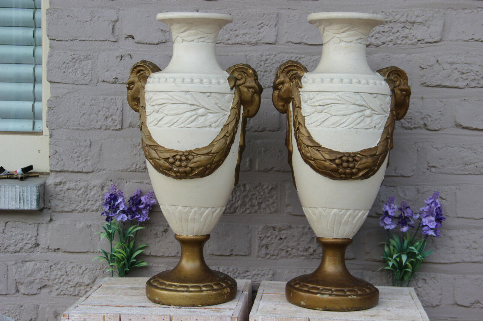 PAIR Large antique french chalkware paint Ram heads Floral decor Vases 