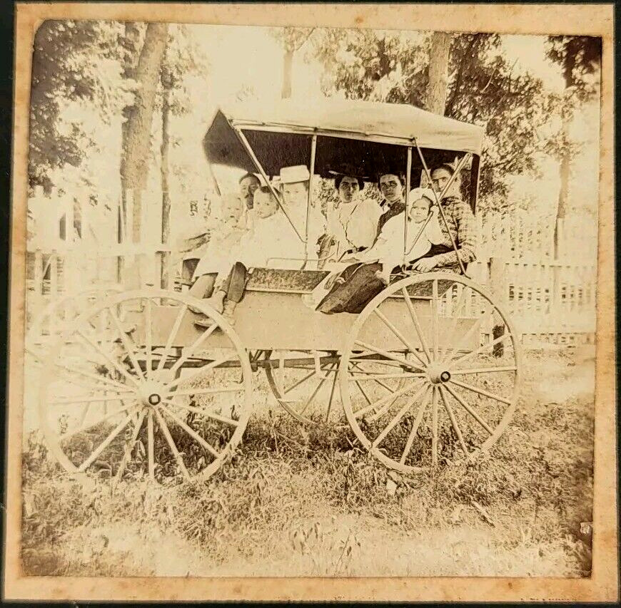 Antique Boarded Photo Candid Outdoor Family Group Buggy Wagon Children Adults
