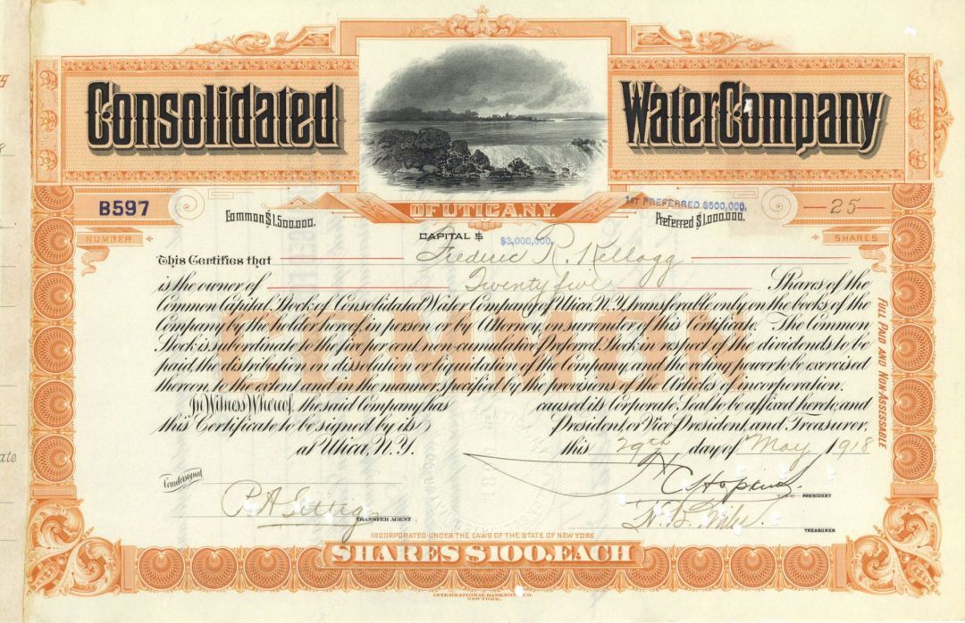 Consolidated Water Co of Utica, N. Y. - Stock Certificate - General Stocks