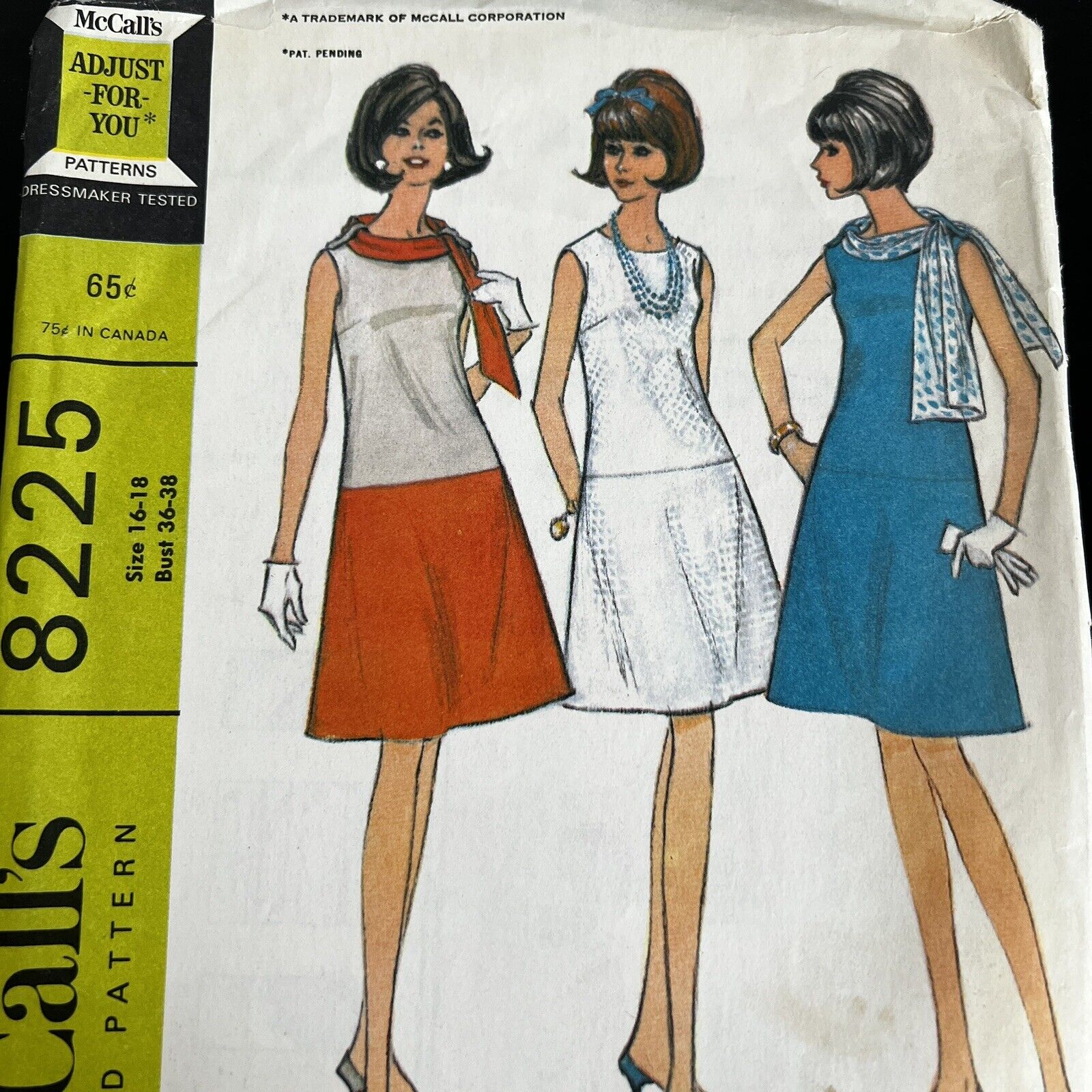 Vintage 1960s McCalls 8225 Mod Low Waist Dress Scarves Sewing Pattern 16 18 CUT