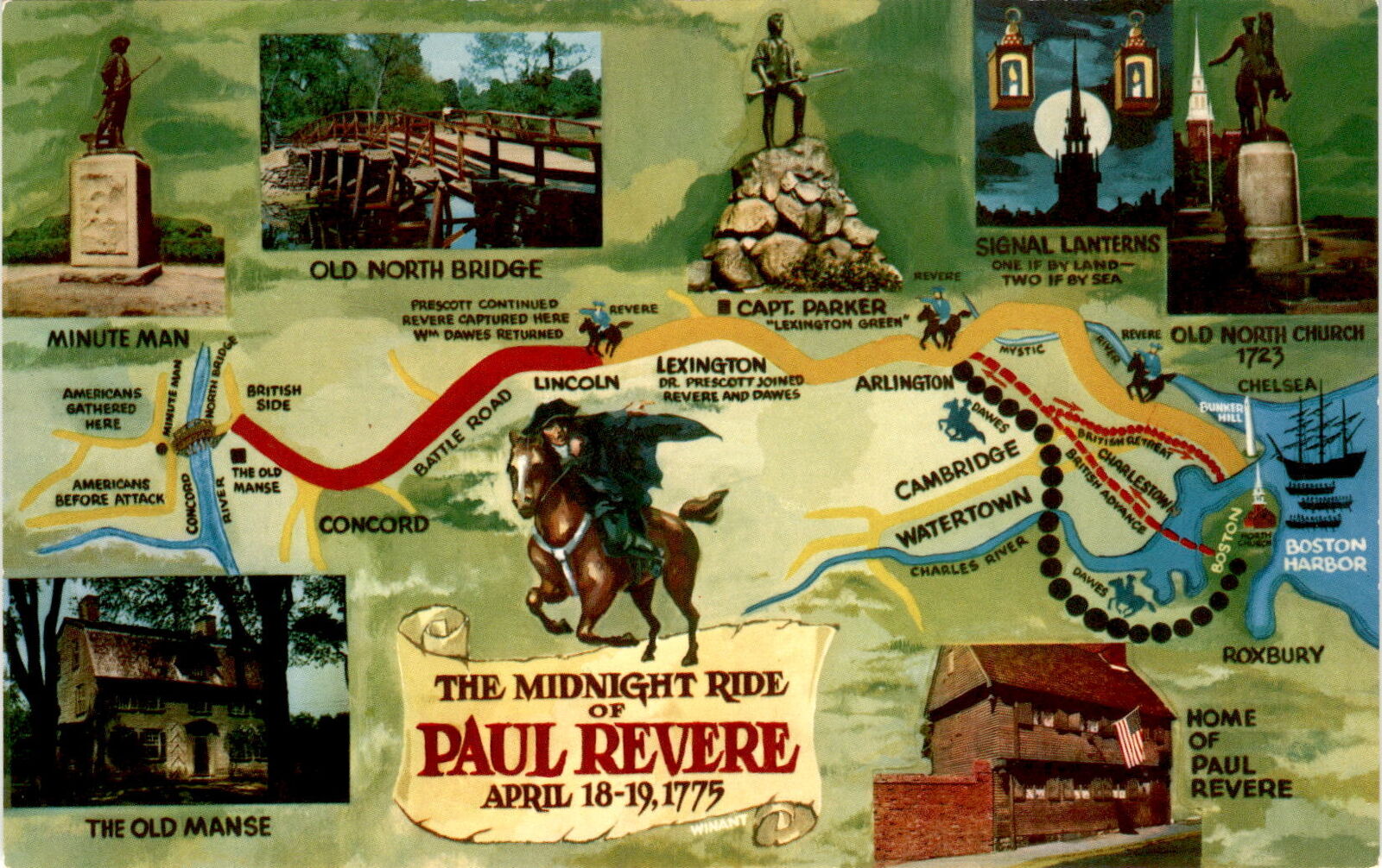Paul Revere, William Dawes, Samuel Prescott, Lexington, Concord, Postcard