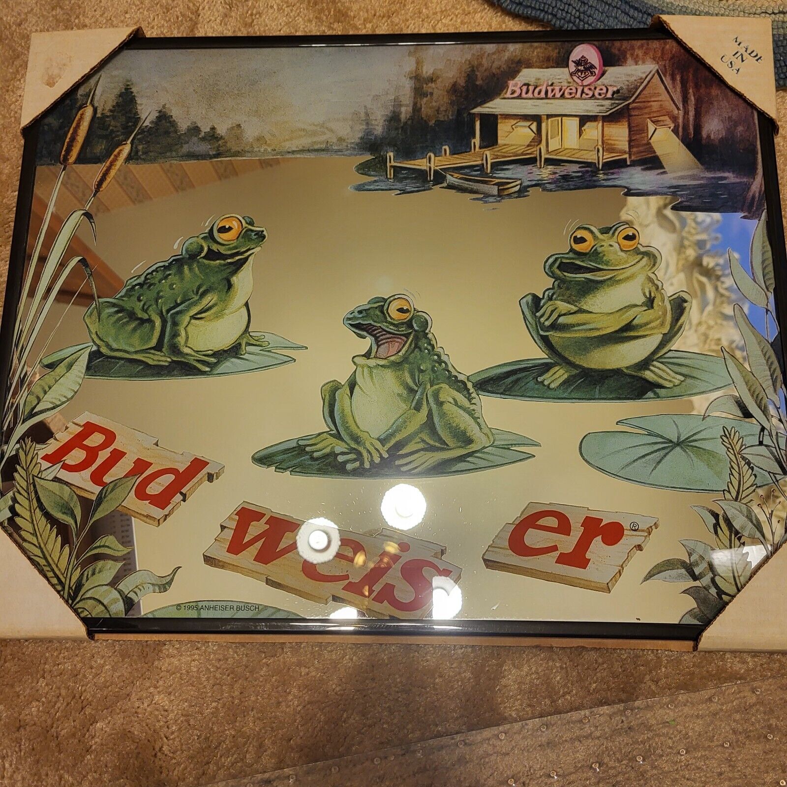 Rare Vintage Anheuser Busch Budweiser Frog mirror-incorrect spelling of Anheuser