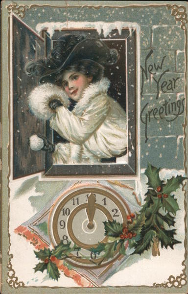 New Year/Lady 1908 New Year Greetings Tuck Antique Postcard Vintage Post Card