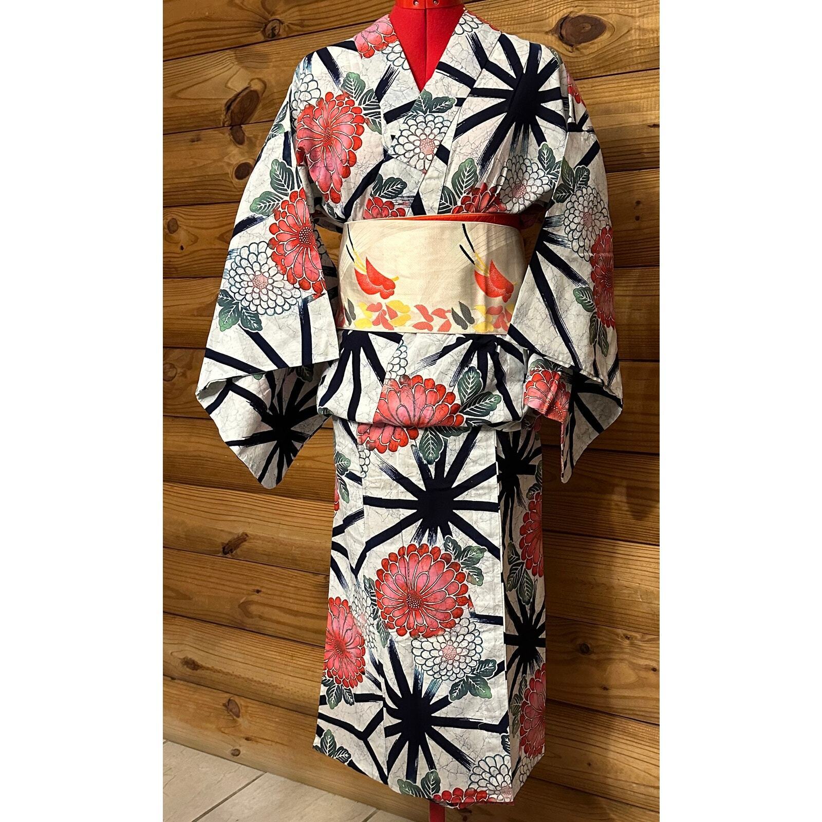 Japanese Asanoha Peony Flower Summer Yukata Kimono