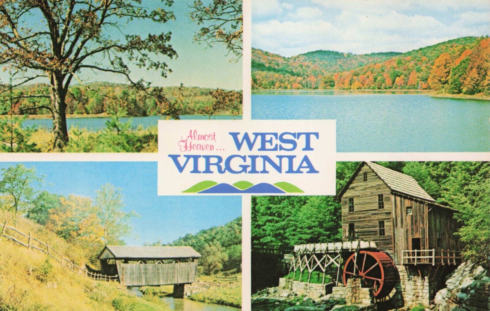 Postcard Almost Heaven West Virginia Quad View Tourism Covered Bridge Water Mill