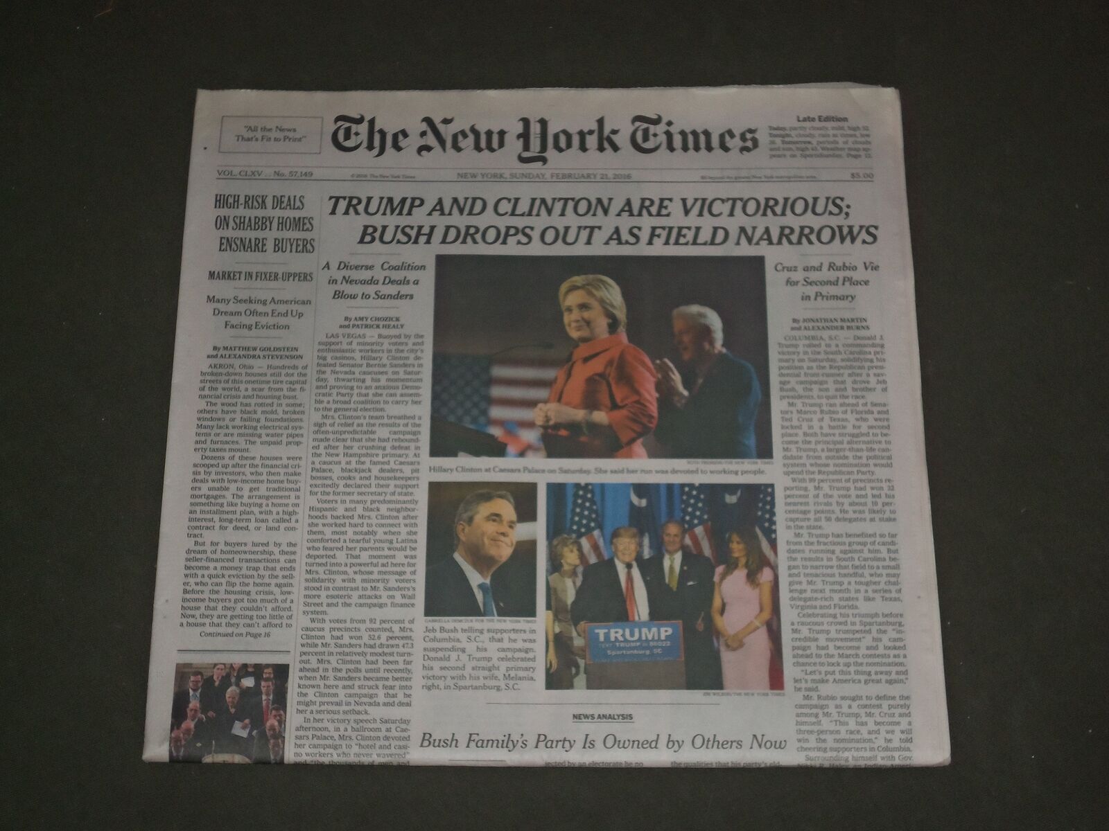 2016 FEBRUARY 21 NEW YORK TIMES-DONALD TRUMP & HILLARY CLINTON PRIMARY VICTORIES