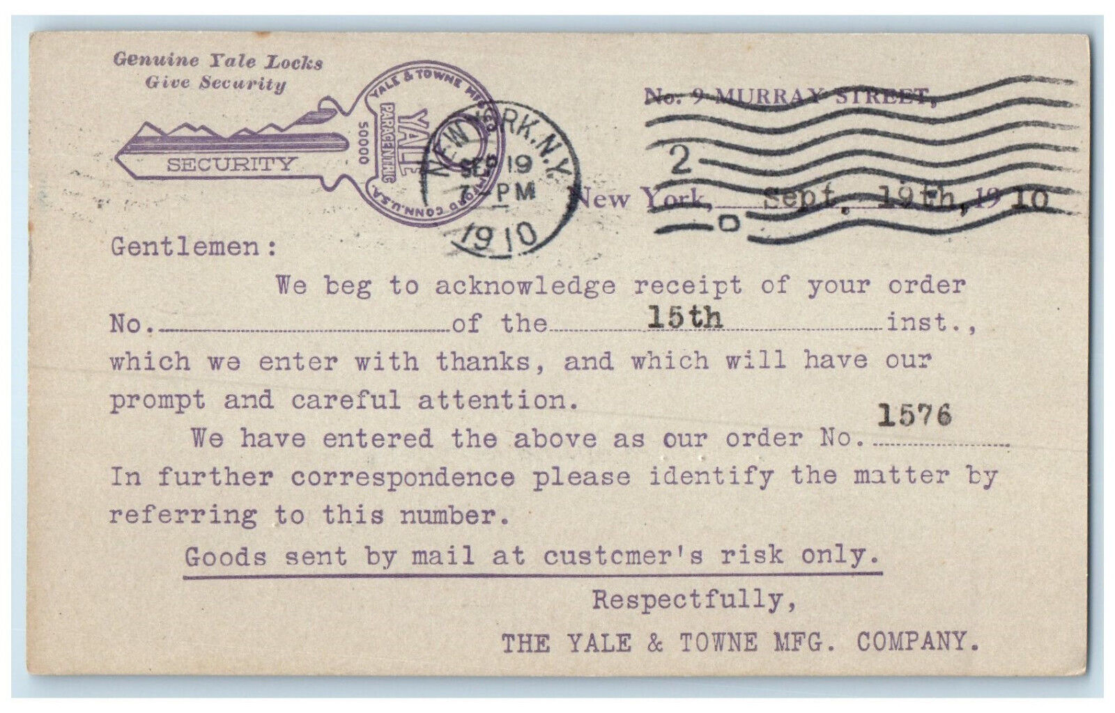 1910 The Yale & Towne Mfg. Company Receipt New York City NY Postal Card