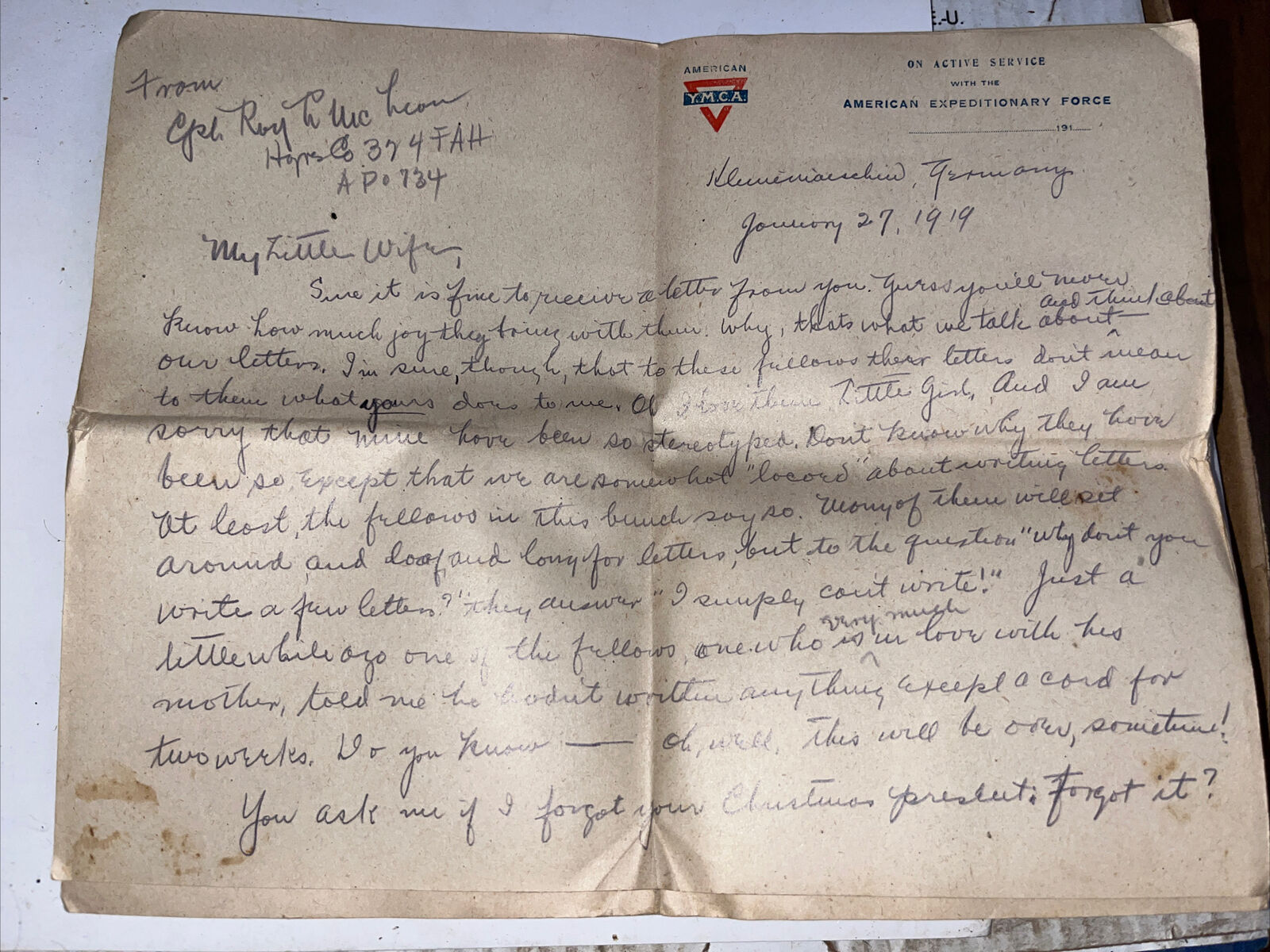 Antique January 1919 WWI Letter Home to Wife From Kleinmaischeid Germany 8 Pages