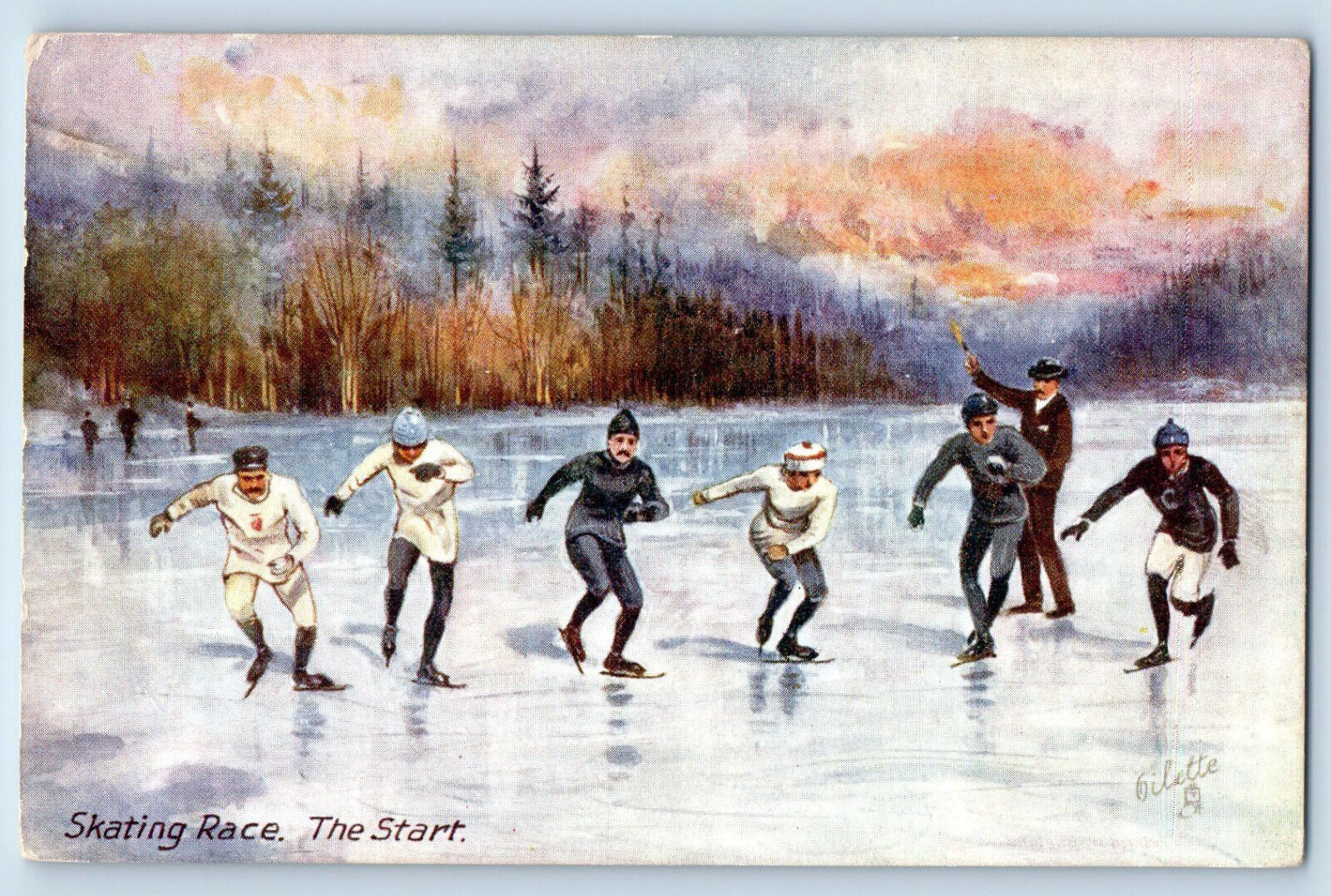 Canada Postcard Skating Race Starting Line Winter Sports c1910 Oilette Tuck Art