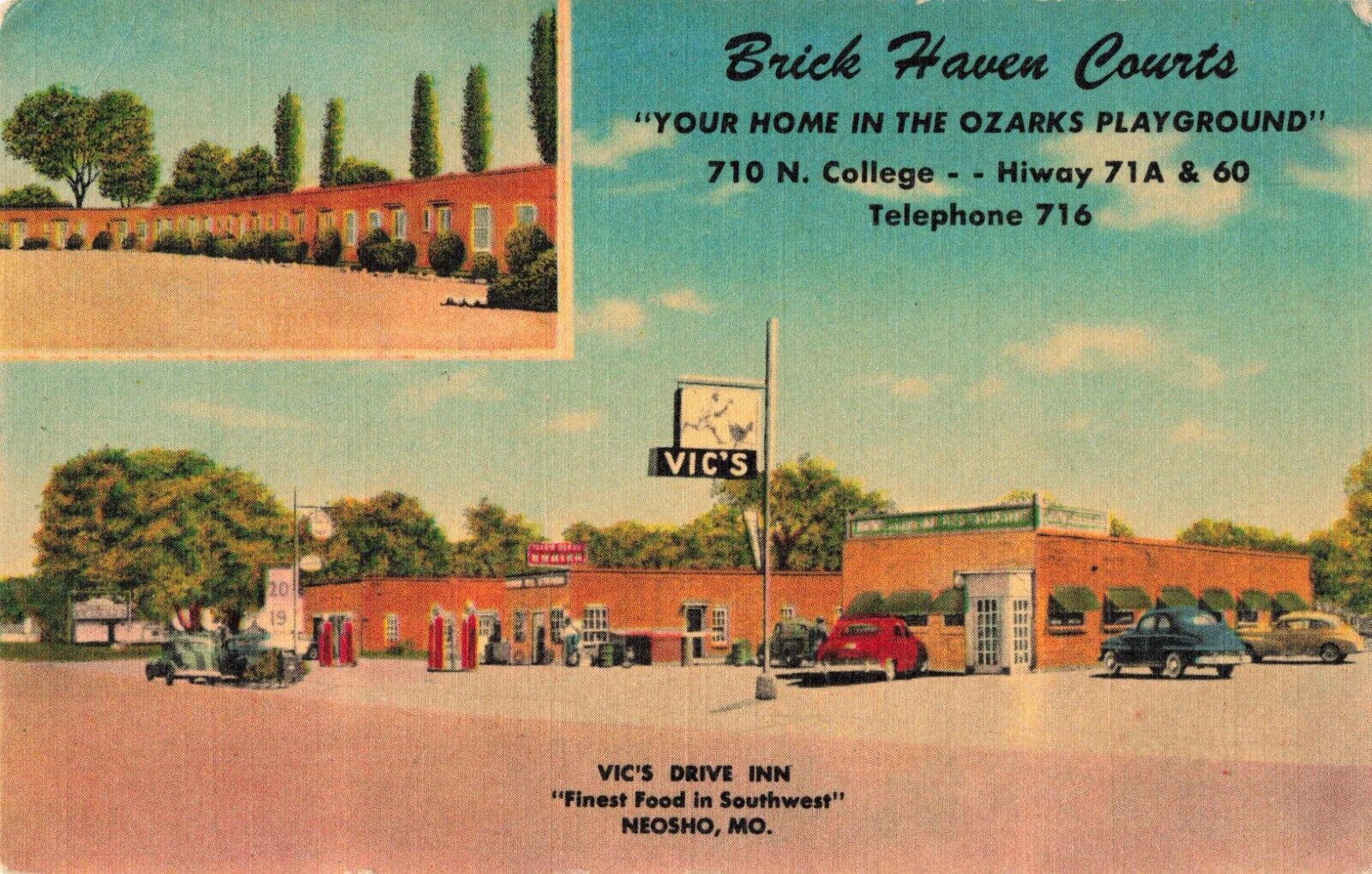 Vic\'s Drive-In Brick Haven Courts Ozarks Neosho Missouri MO Gas Pumps c1950 PC