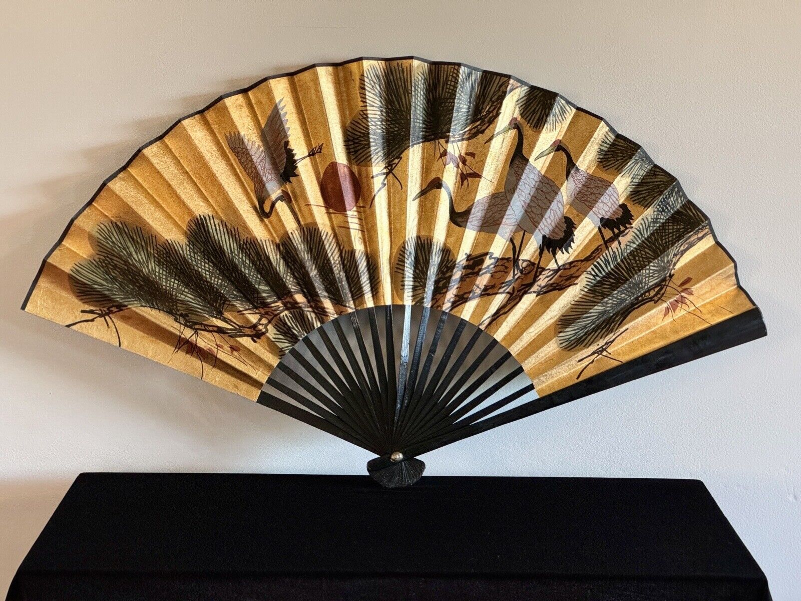 Vintage Asian Hand Painted Birds, Gilded Gold,  Large Fold Out Fan, Wall Art