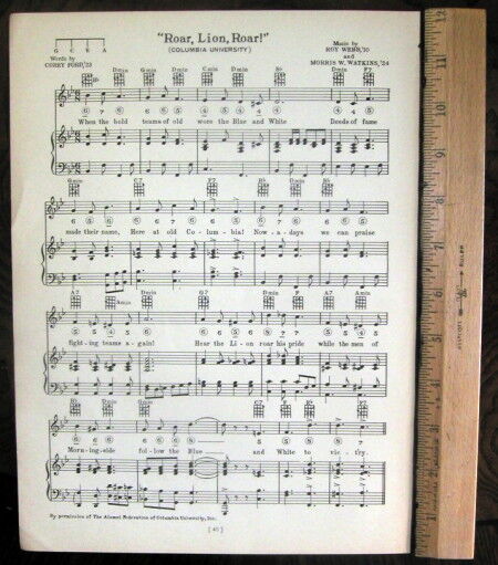 COLUMBIA UNIVERSITY Vintage Song Sheet c 1929 \