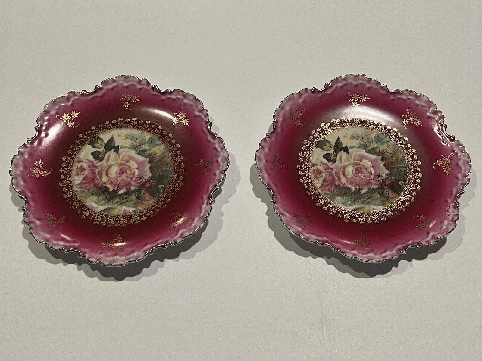 RC Rosenthal Monbijou Bavaria Antique Pink/Magenta Roses Cabinet 2 Plates SET