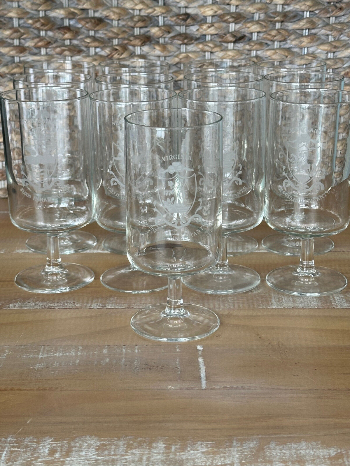 Original 13 Colonies With Inhabitants Count And State Seal Etched Wine Glasses