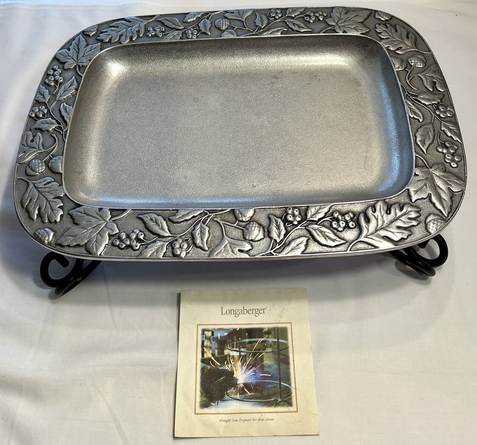 Longaberger 2001 Falling Leaves Pewter Tray or Platter w/W.Iron Orig. Stand -USA