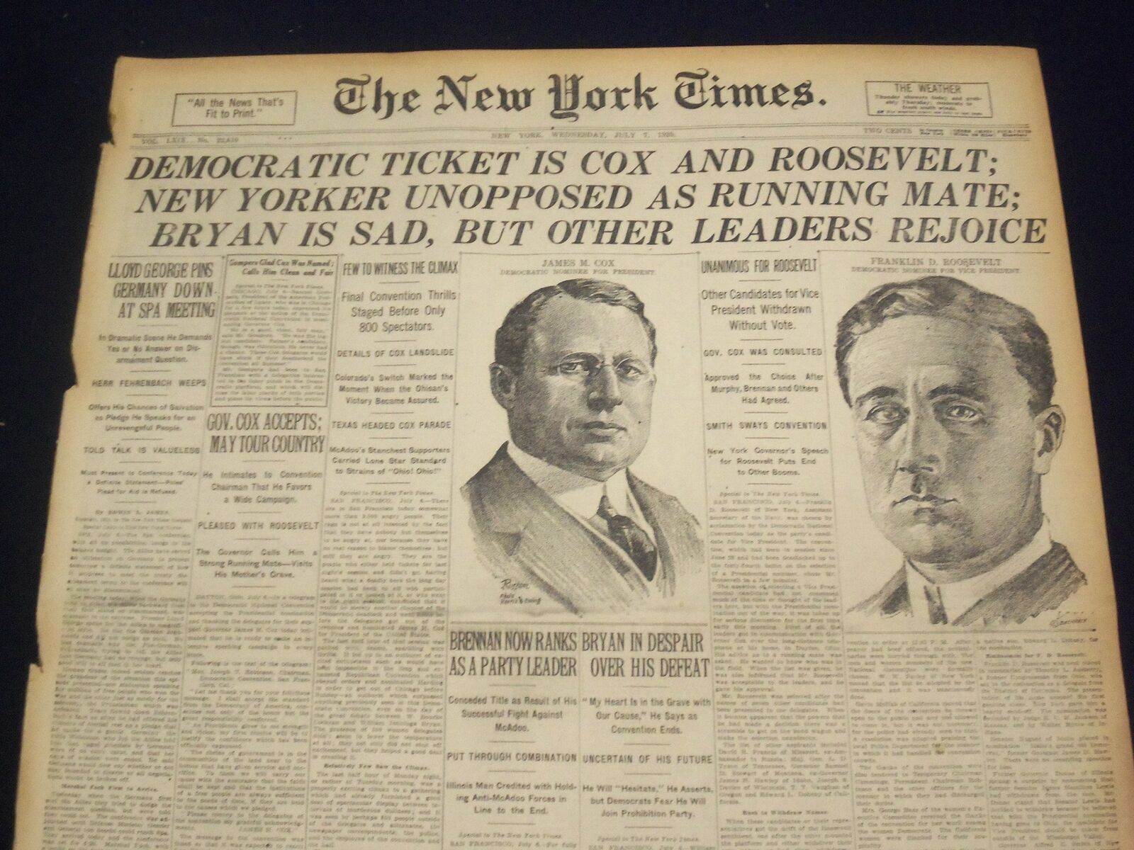 1920 JULY 7 NEW YORK TIMES - DEMOCRATIC TICKET IS COX AND ROOSEVELT - NT 9323