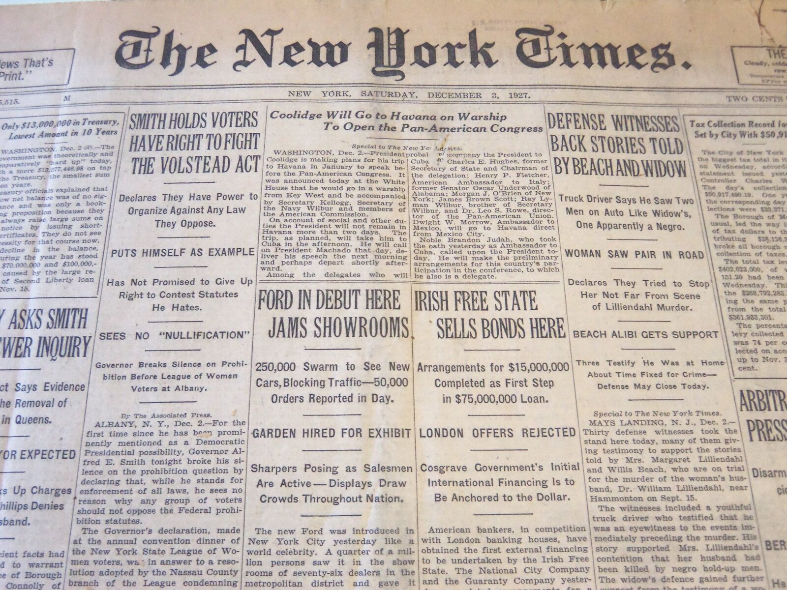 1927 DECEMBER 3 NEW YORK TIMES - FORD IN DEBUT HERE JAMS SHOWROOMS - NT 6286