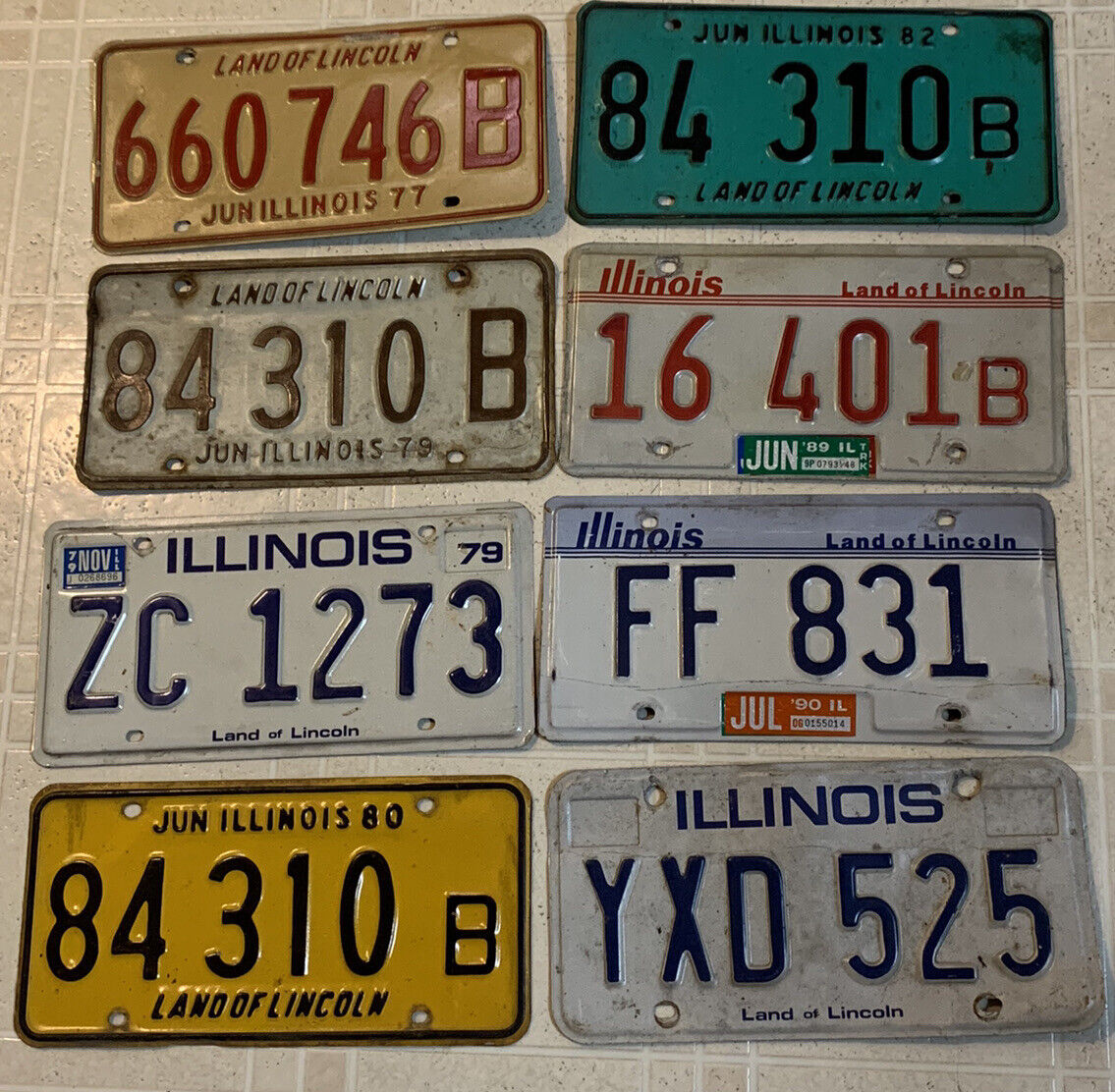 Vintage Lot of 8 ILLINOIS License Plates 1970's to 1990 Metal All Different