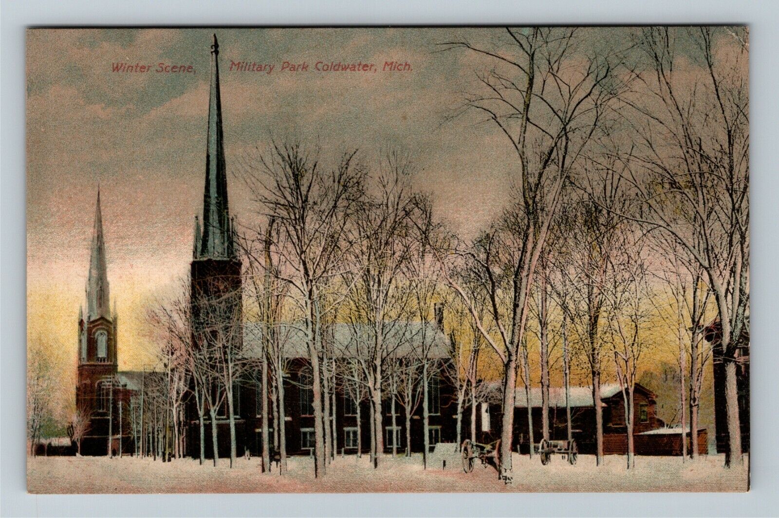 Coldwater MI, Winter Scene At Military Park, Michigan Vintage Postcard