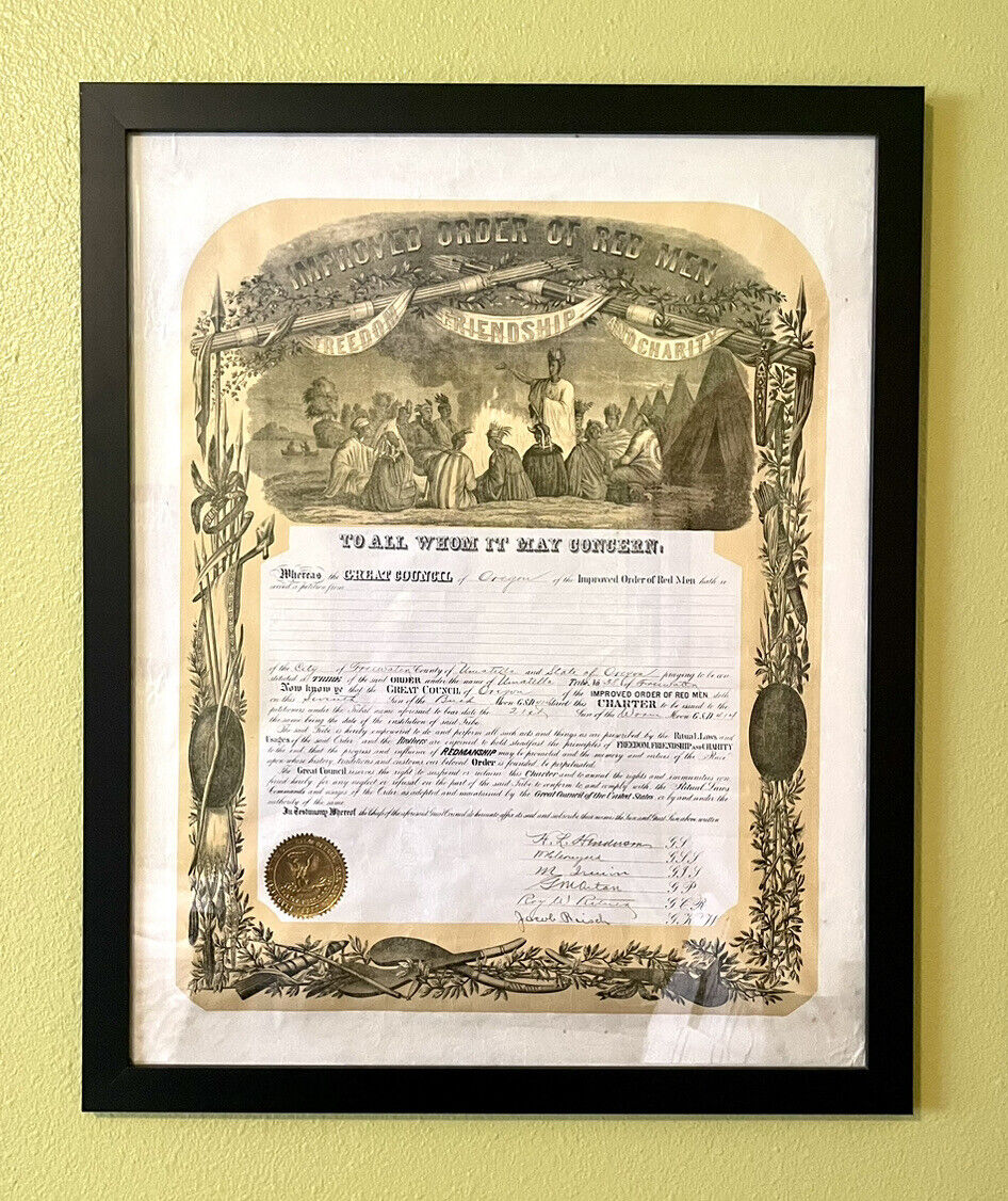 Antique Improved Order of Red Men -Certificate Of Charter - Large Framed