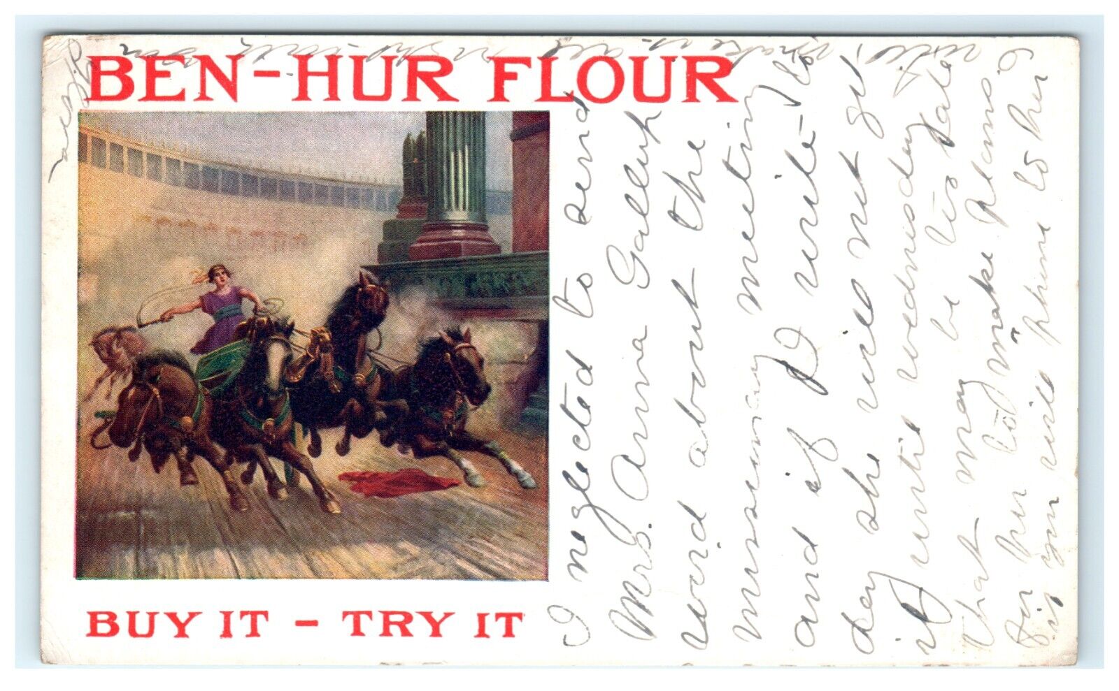 Ben Hur Flour Roman Woman Riding Advertising Early Posted View to Ledyard CT