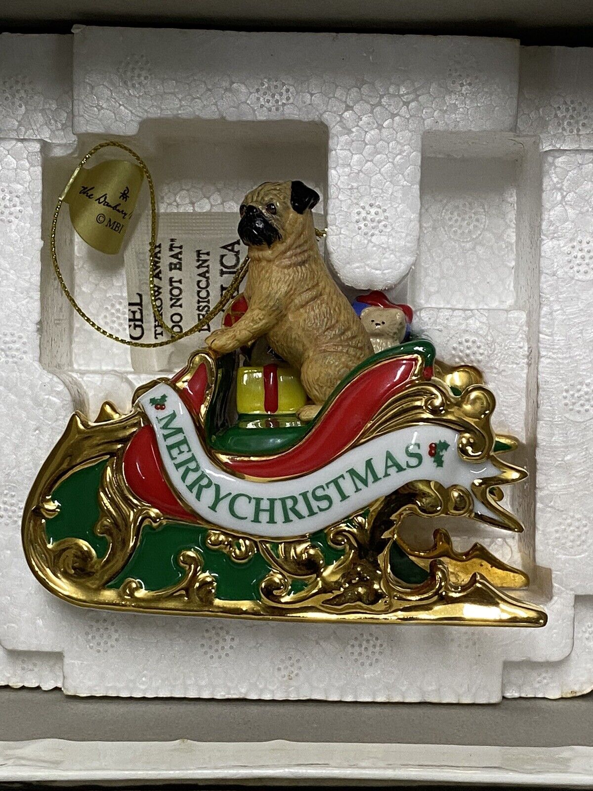First Anual Danbury Mint Pug in Sleigh Christmas Ornament