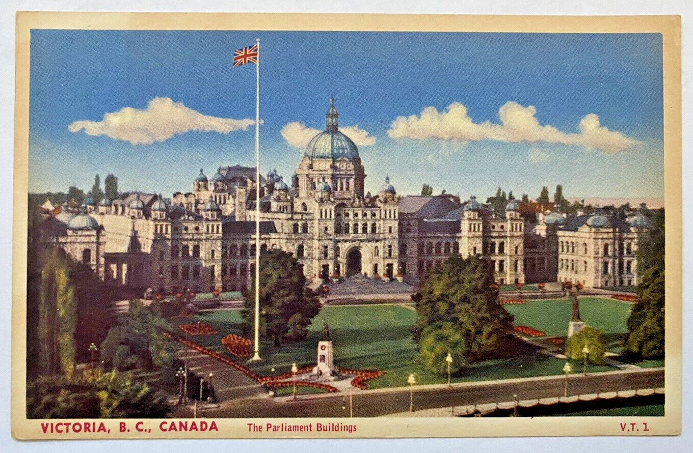 The Parliament Buildings Aerial View Flag Pole Victoria BC Canada VTG Postcard