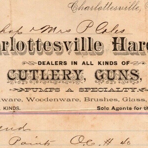 1894 Scarce Charlottesville Hardware Cutlery Guns Ammo Stoves VA Letterhead 