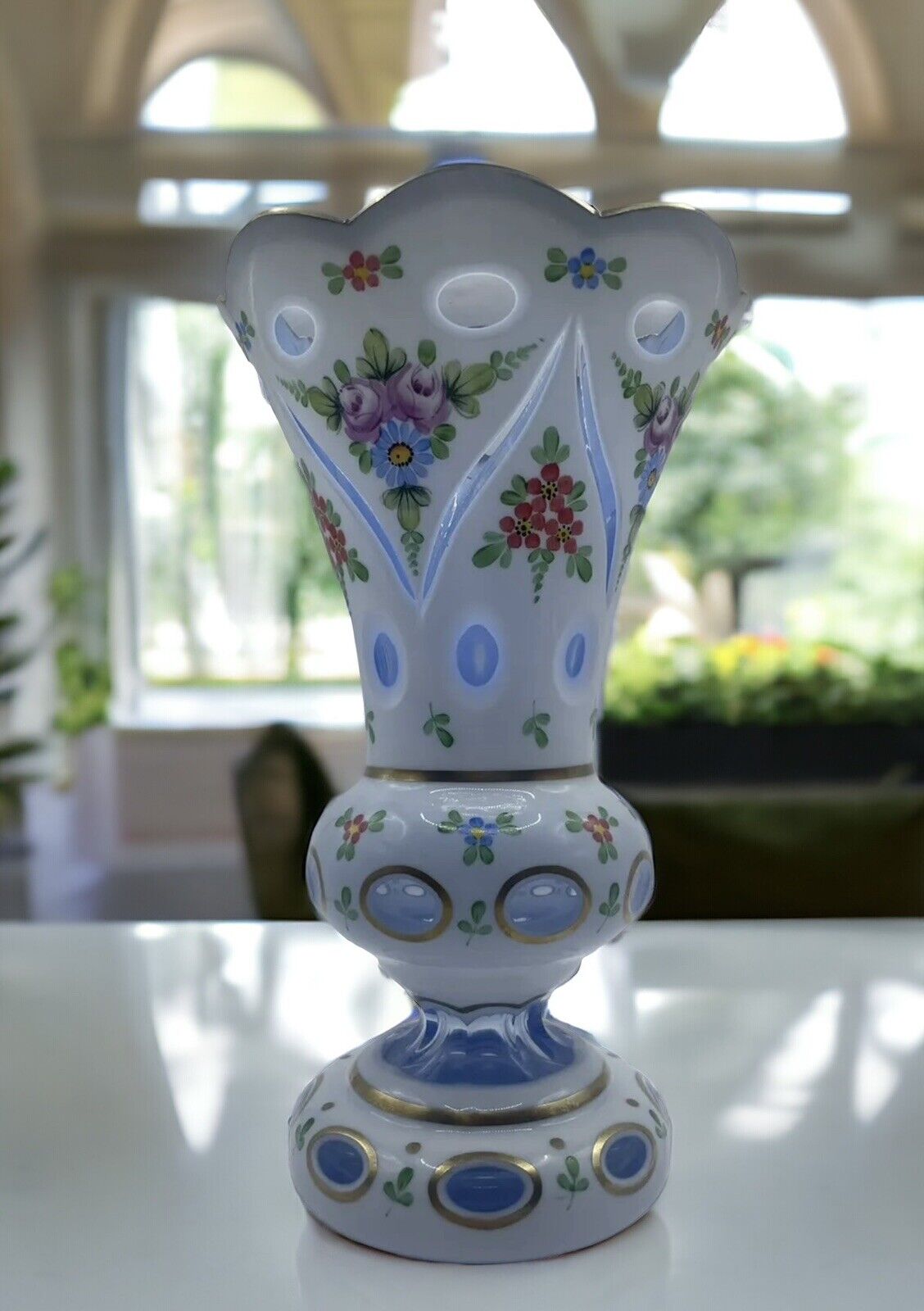 Bohemian Blue Crystalex Decorative Vase Porcelain overlay Czech Republic 8.5”x5”