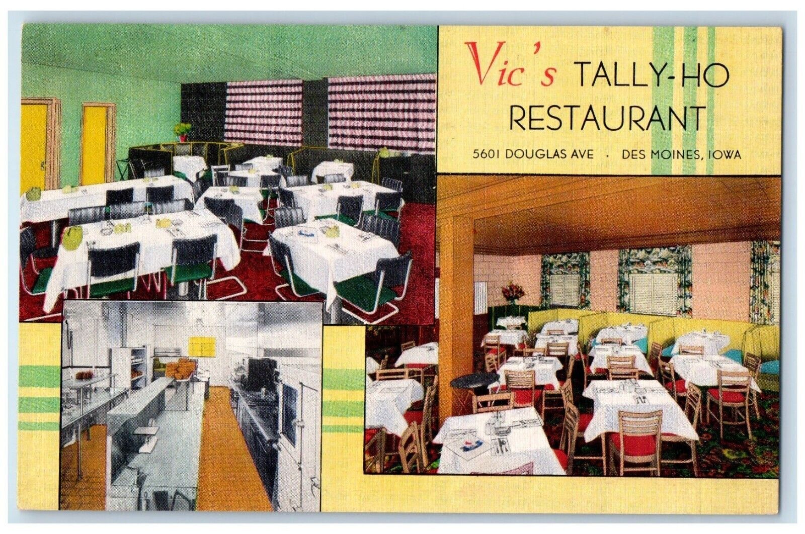 c1950's Vic's Tally-Ho Restaurant Des Moines Iowa IA Antique Multiview Postcard