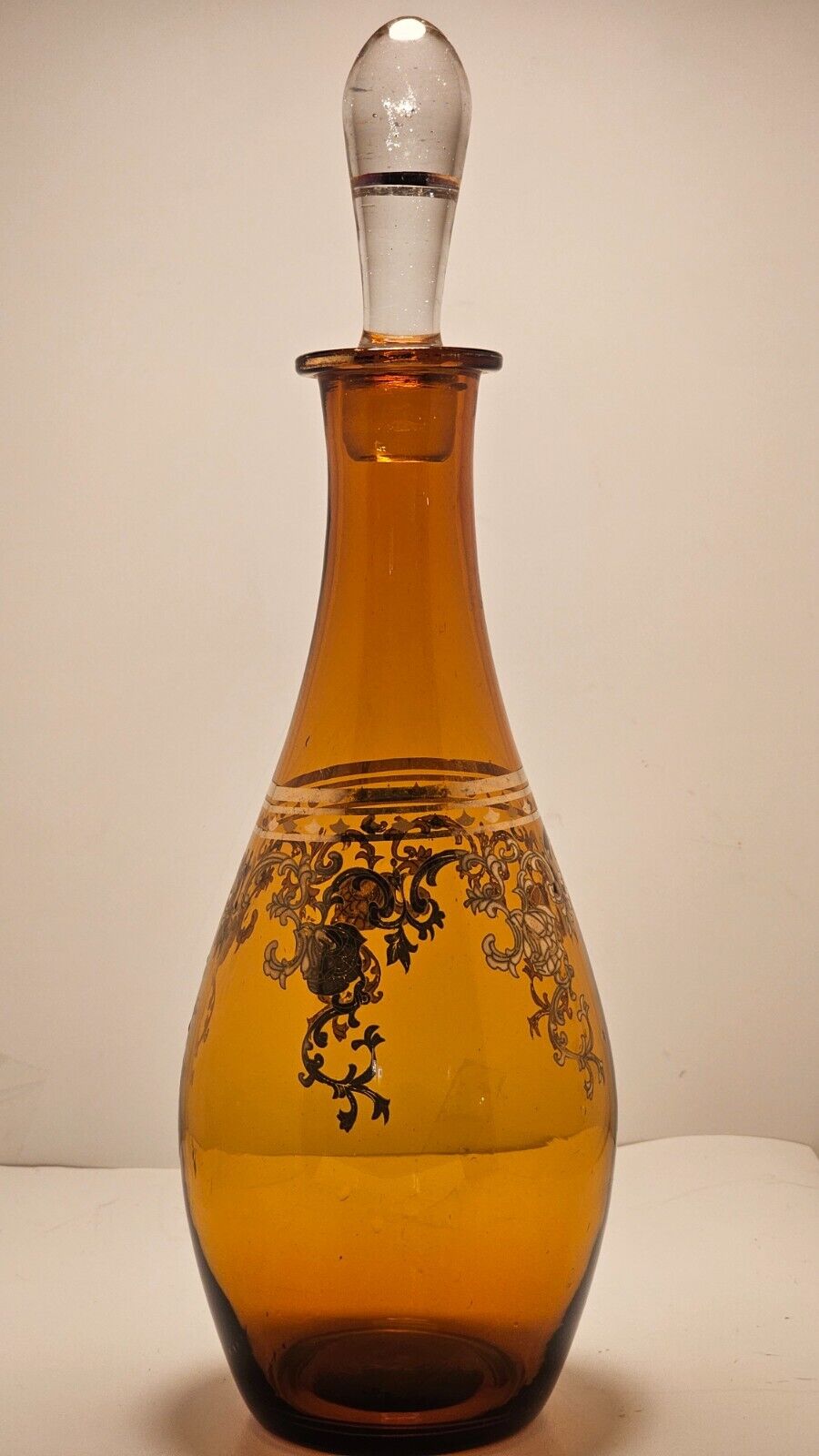 Vintage Amber Glass Wine Decanter w/ stopper floral design