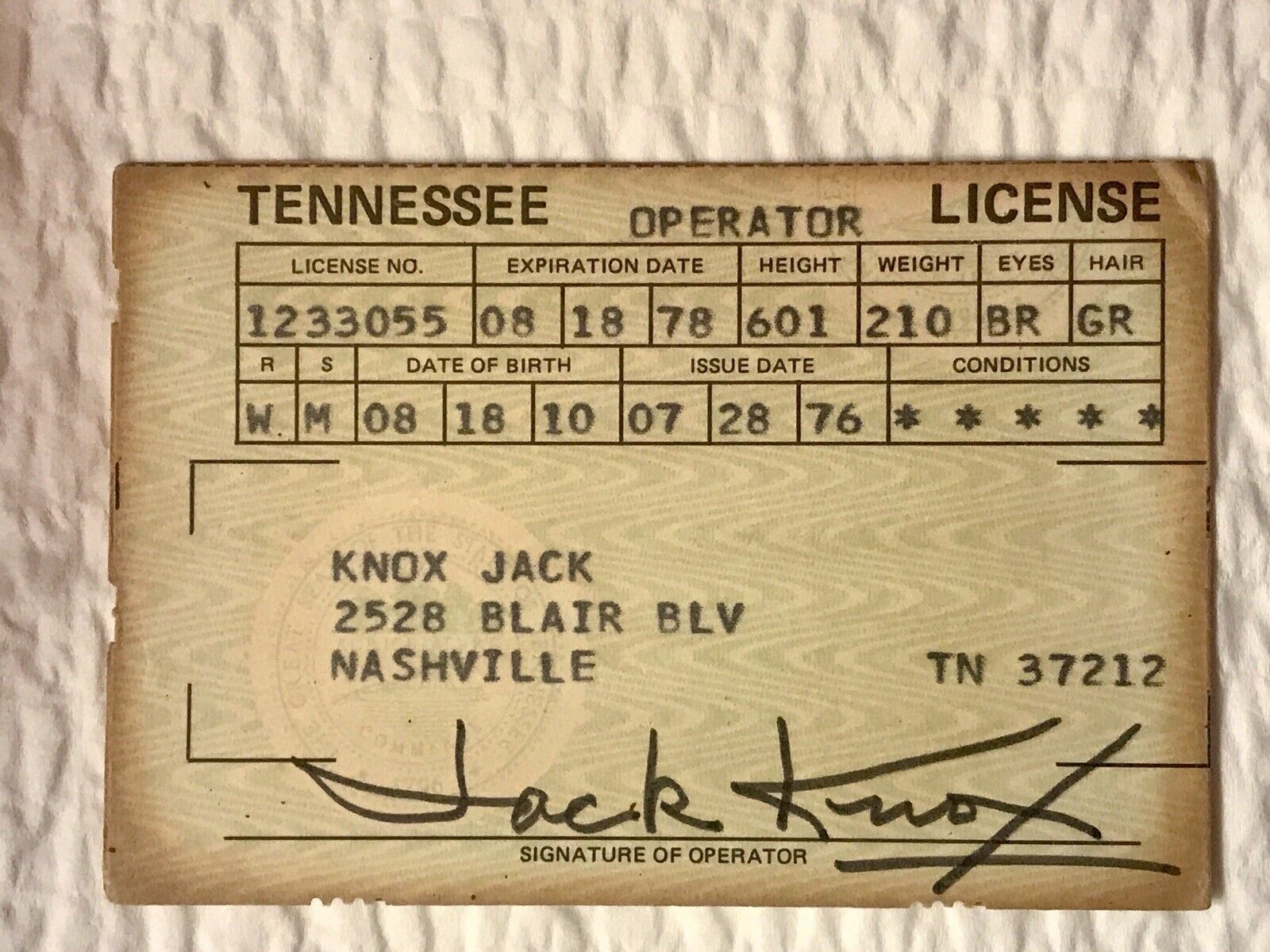 Vintage 1976 Tennessee Drivers Operator License, Nashville