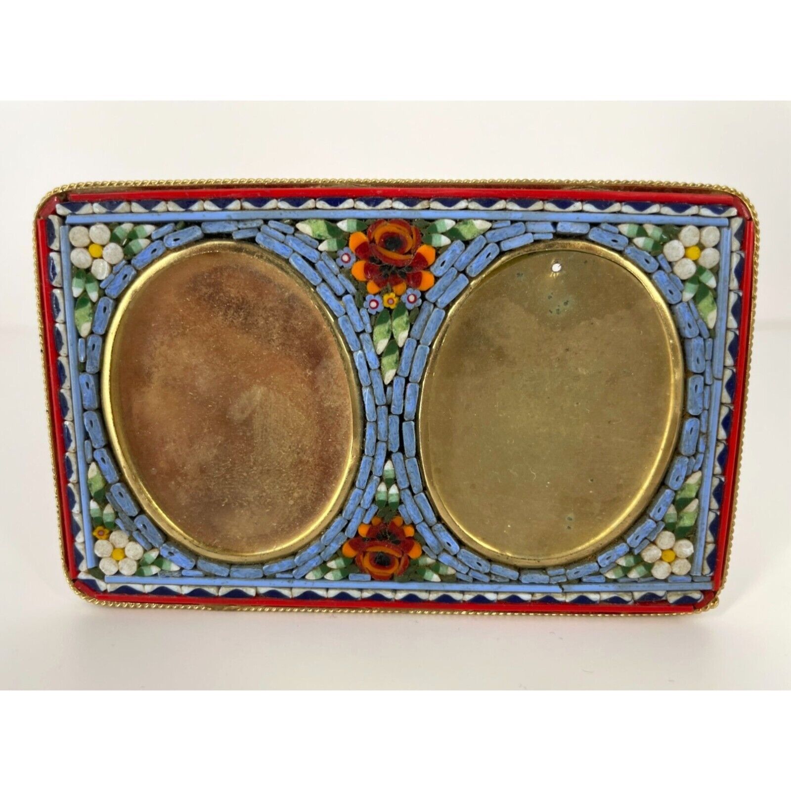 Vintage Italian Micro Mosaic Flowers Double Oval Picture Frame