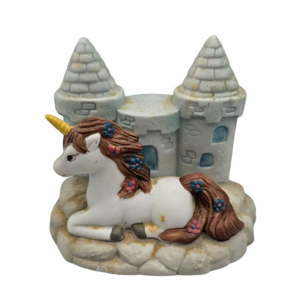Vintage 1980s Hand Painted Ceramic Unicorn Figurine Beach Castle Blue