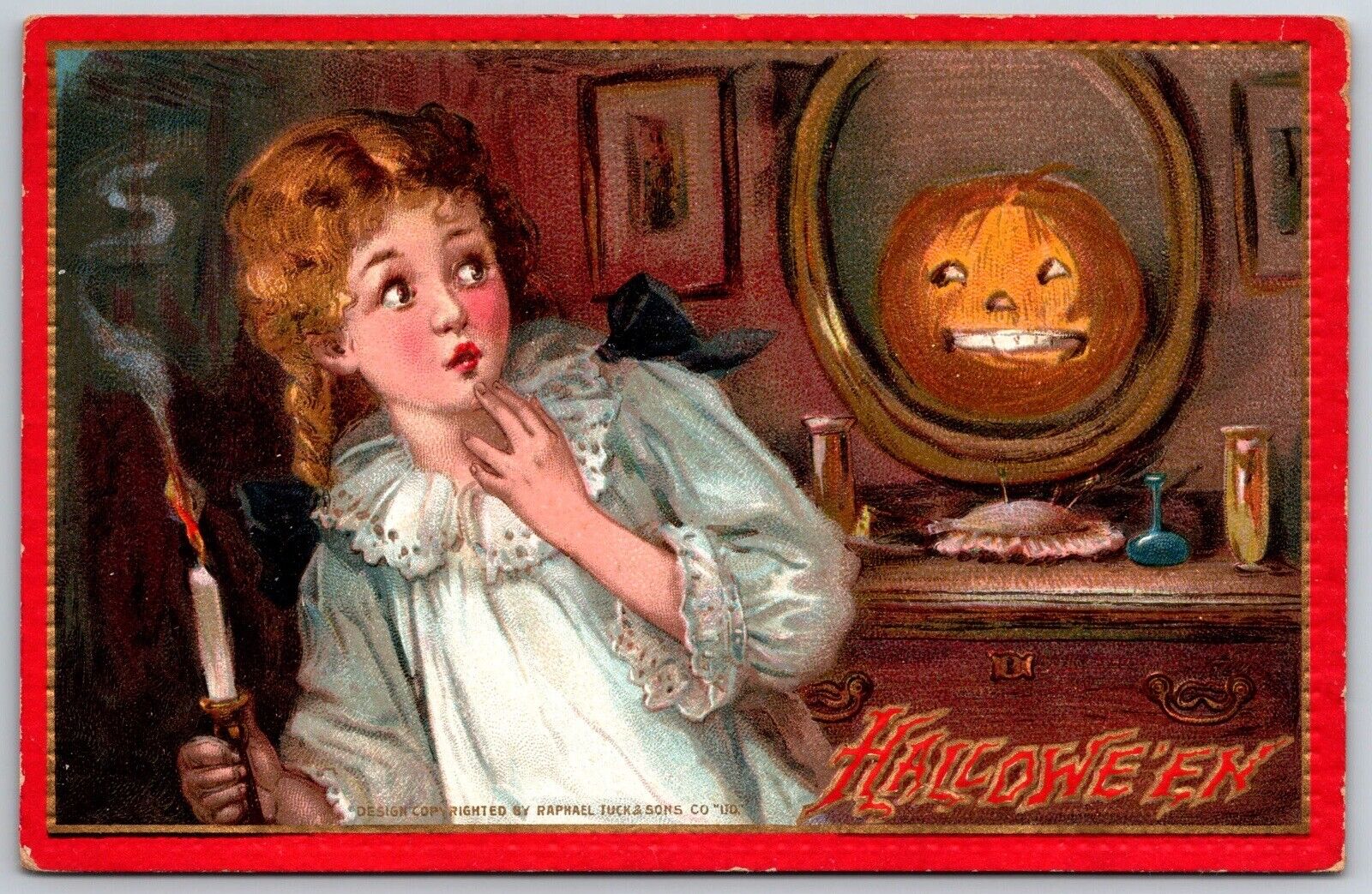 Vintage USA Postcard Halloween Scary Pumpkin JOL Girl With candle tuck’s No.174