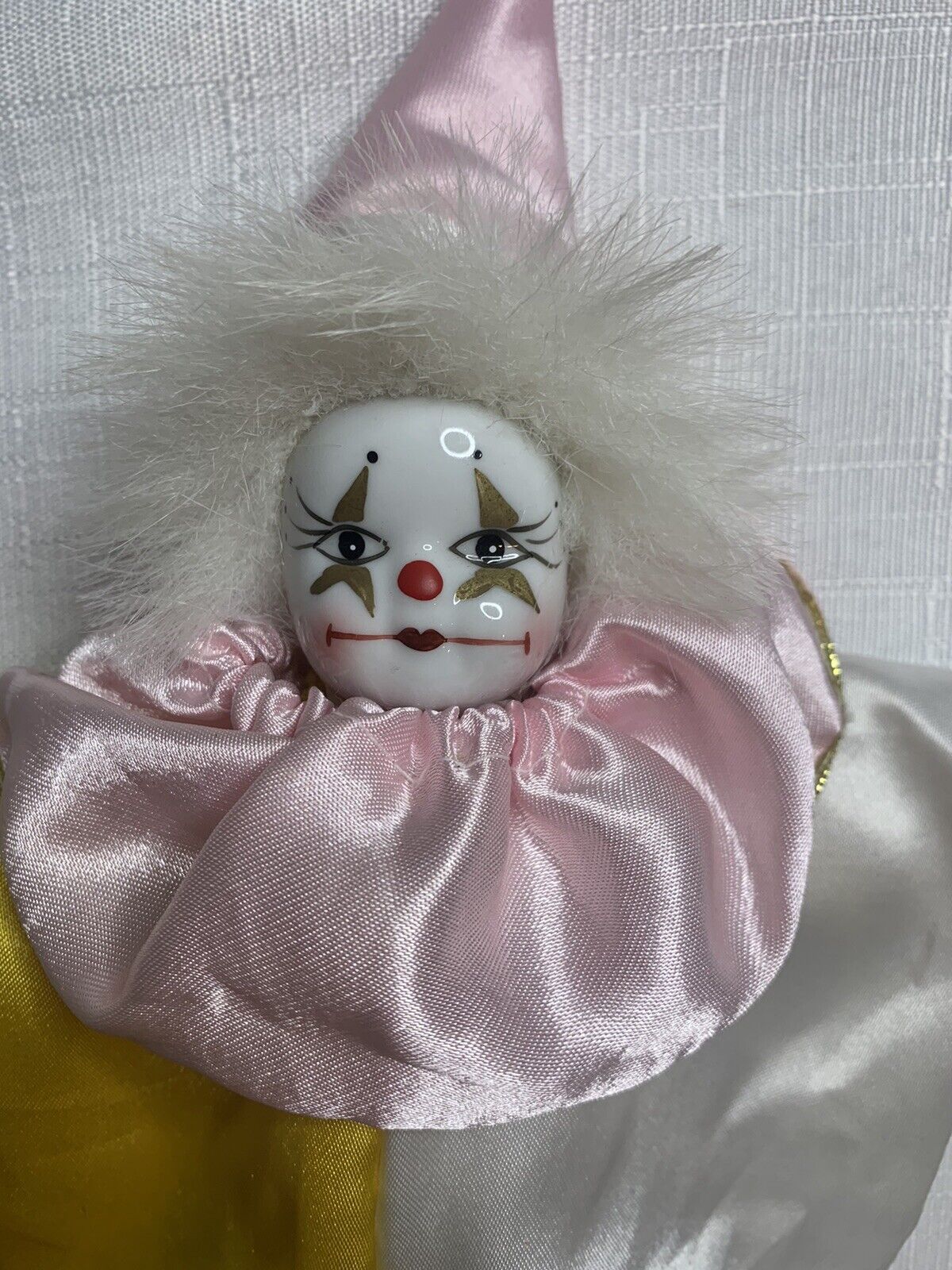 Vintage Ceramic Porcelain Clown Doll Figurine Collectible Pink and Yellow