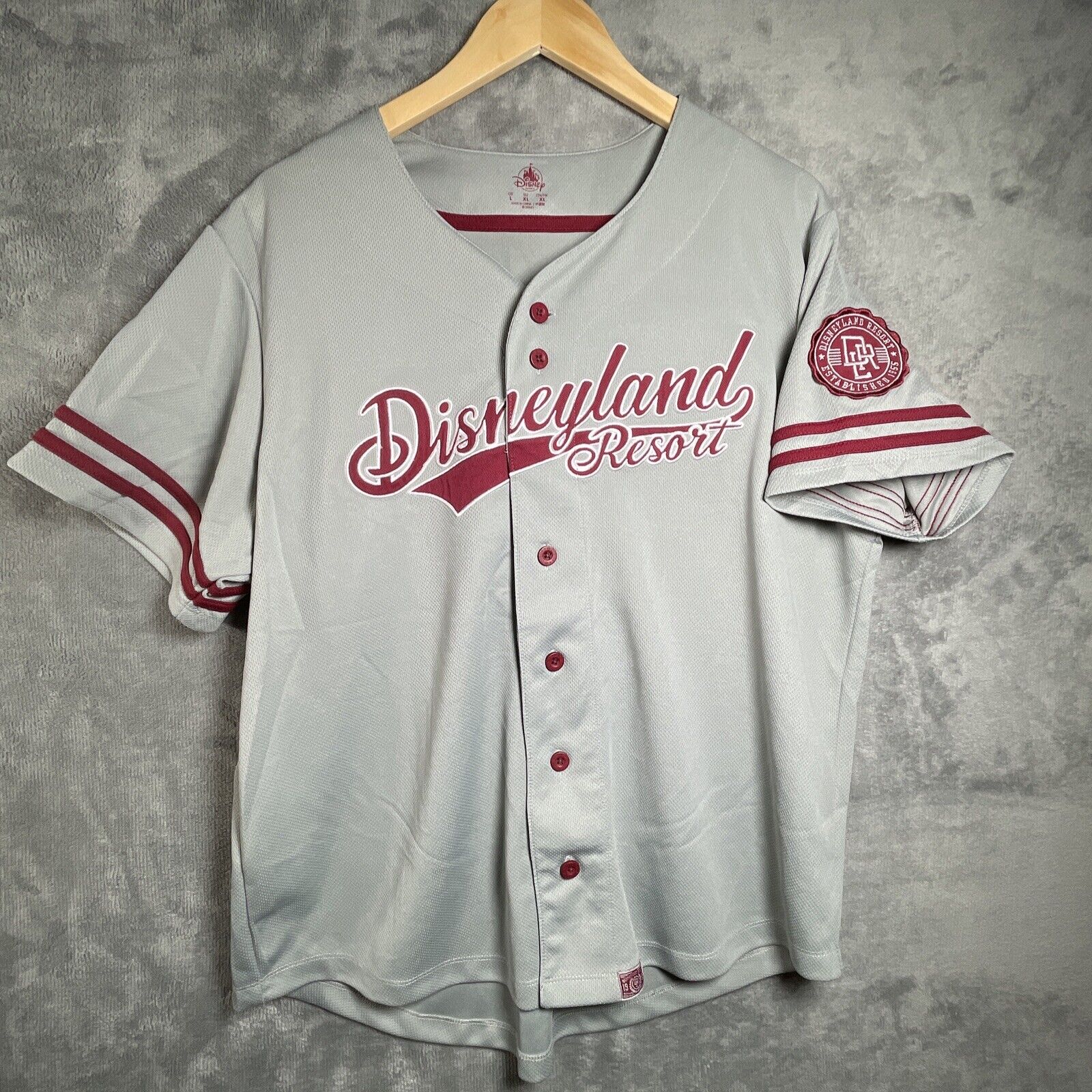 Disneyland Resort #55 Jersey Men’s L Gray/Burgundy Baseball Performance Shirt