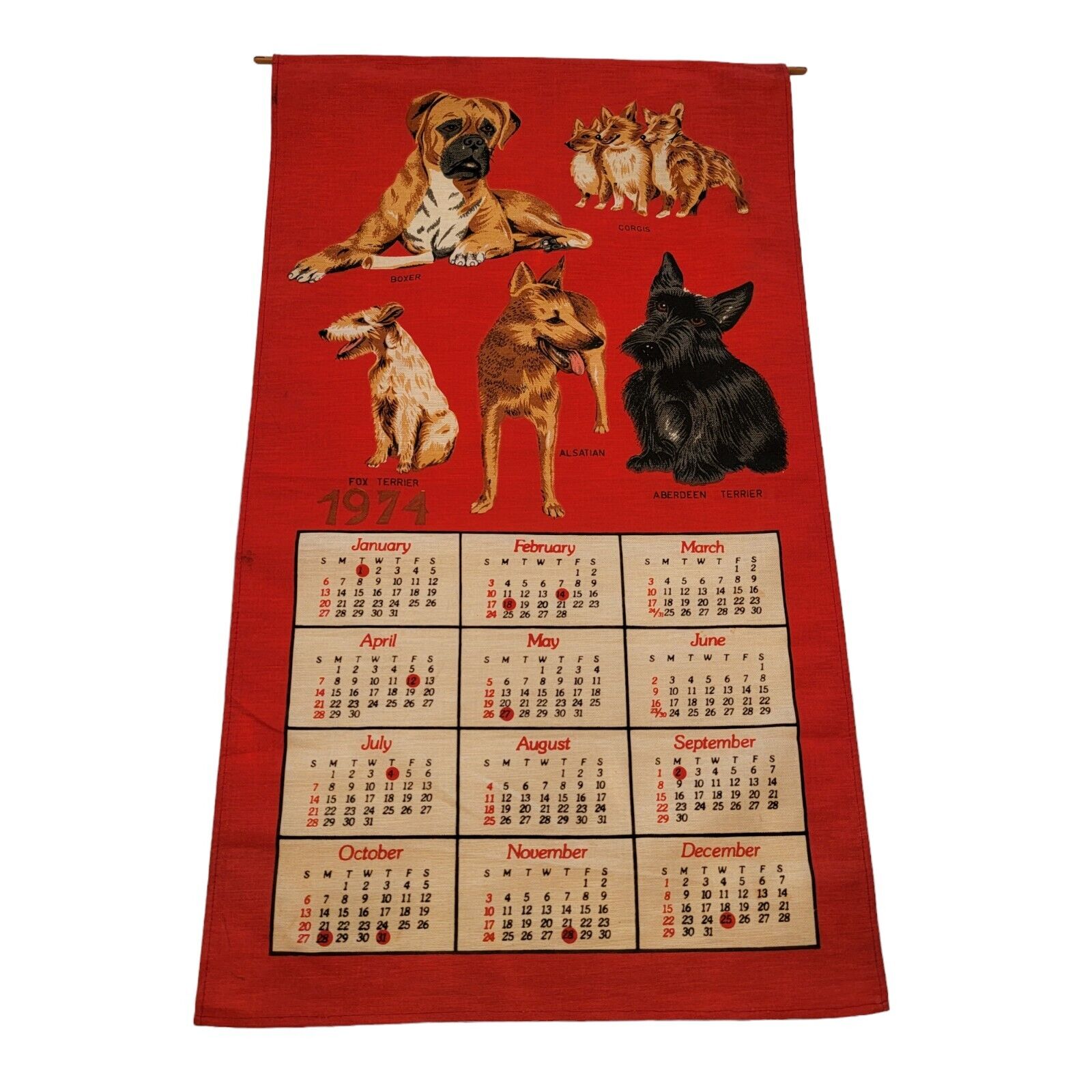 1974 Cotton Calendar Dogs Boxer Corgi Terrier Alsatian 28x16\