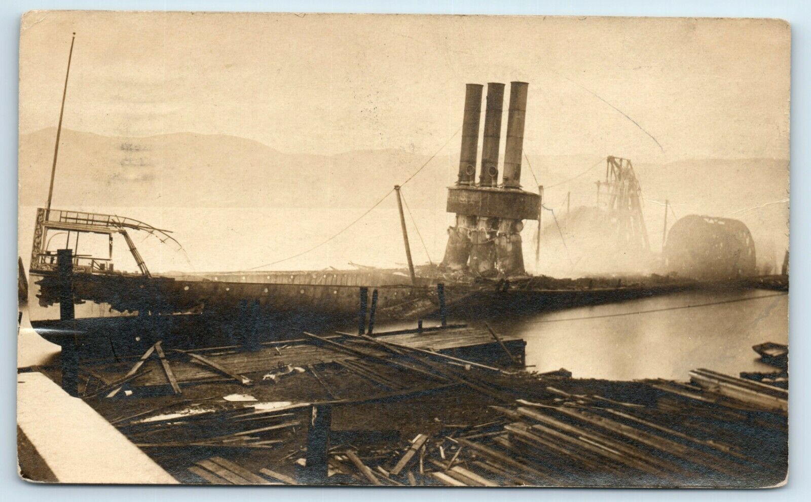 Postcard Steamship New York after 1908 Fire at Newburgh NY hull ruins RPPC A196