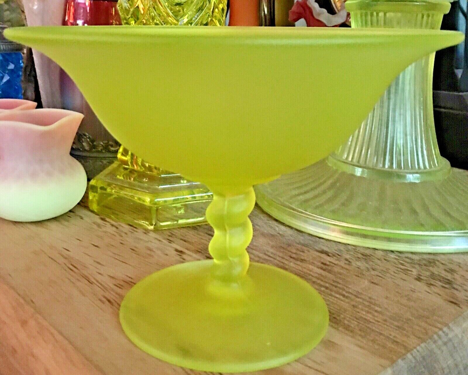 Tiffin Glass Canary Yellow Vaseline Satin Twist Stem Bowl Flared Rim 1920s 30s 