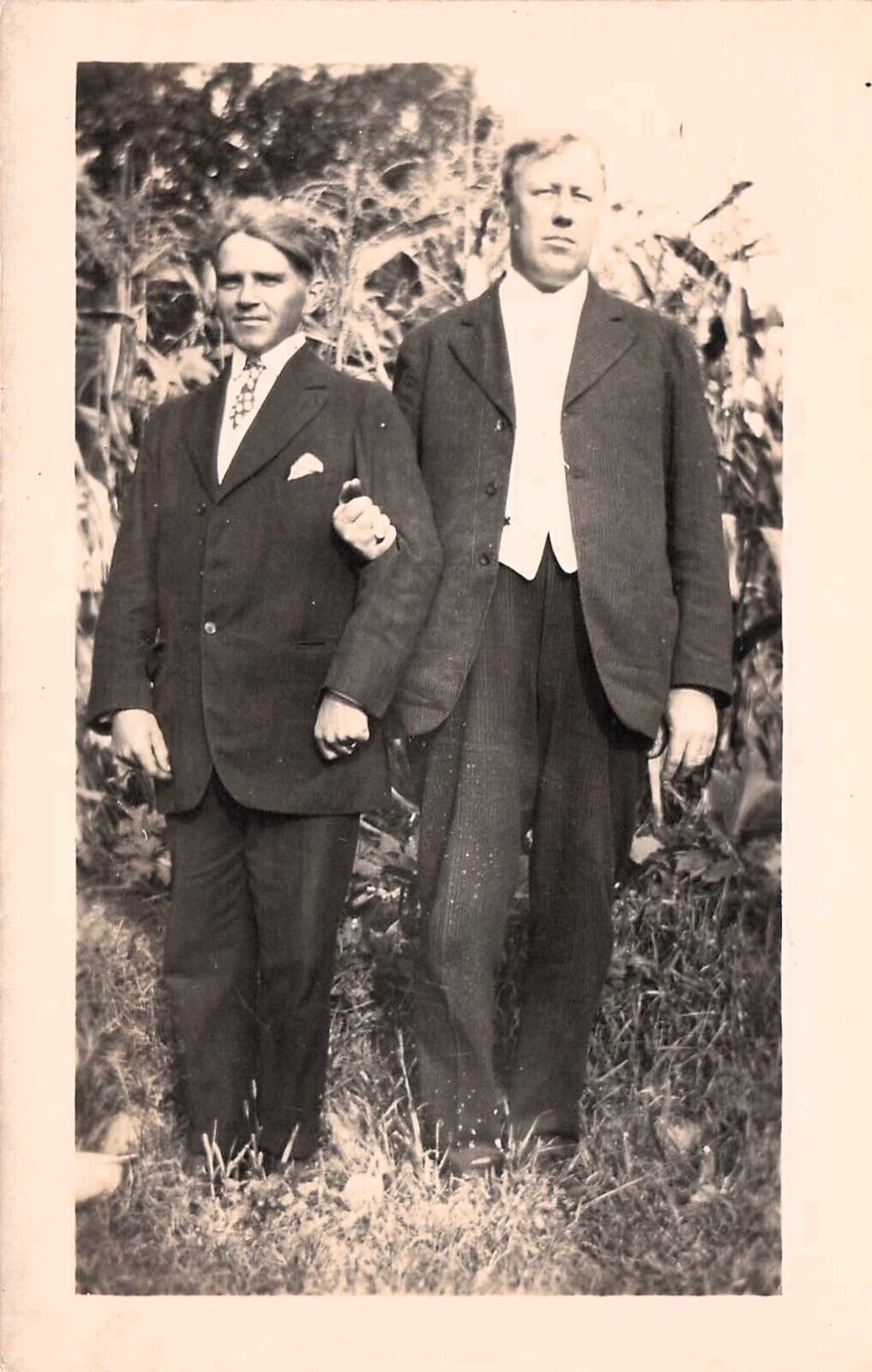 RPPC Two Men Corn Field Arm Lock Gay Interest Long Hair 1914 Photo Postcard D56