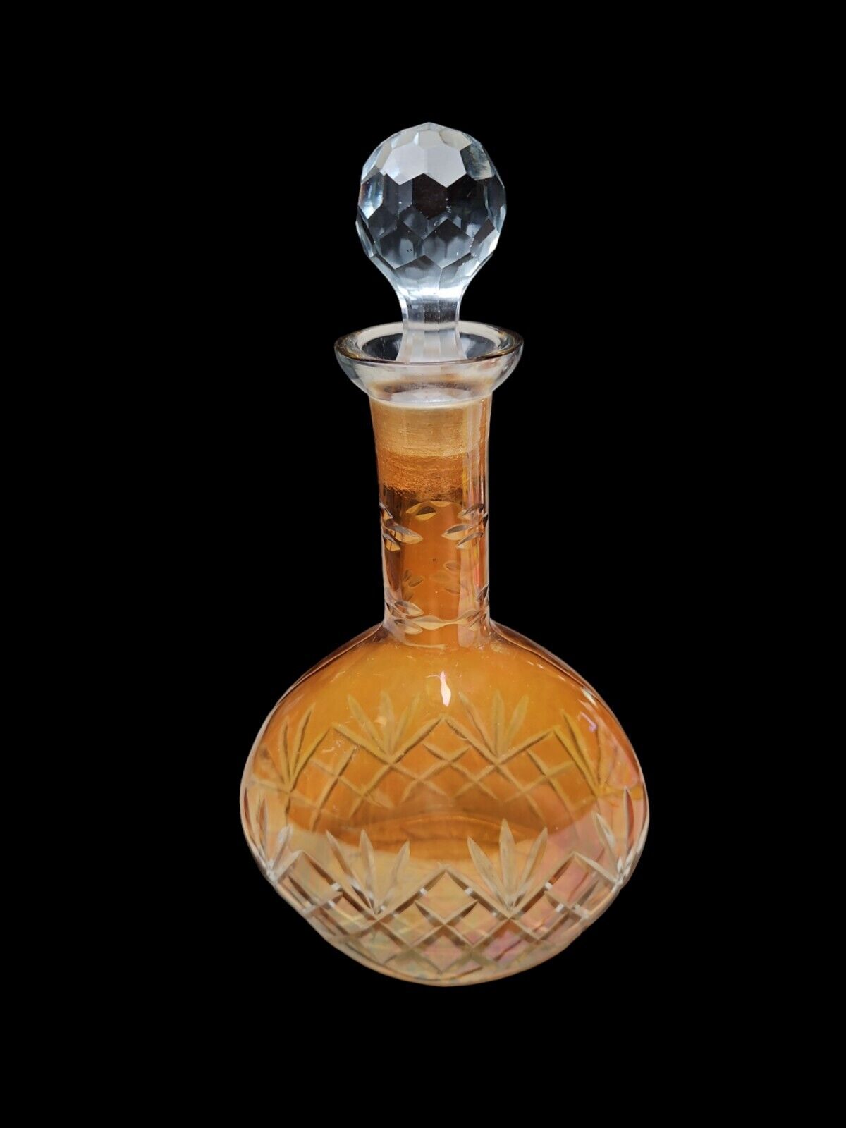 Vintage Etched Glass Amber Genie Bottle~Decanter~Carafe~Round Ball Stopper~11\